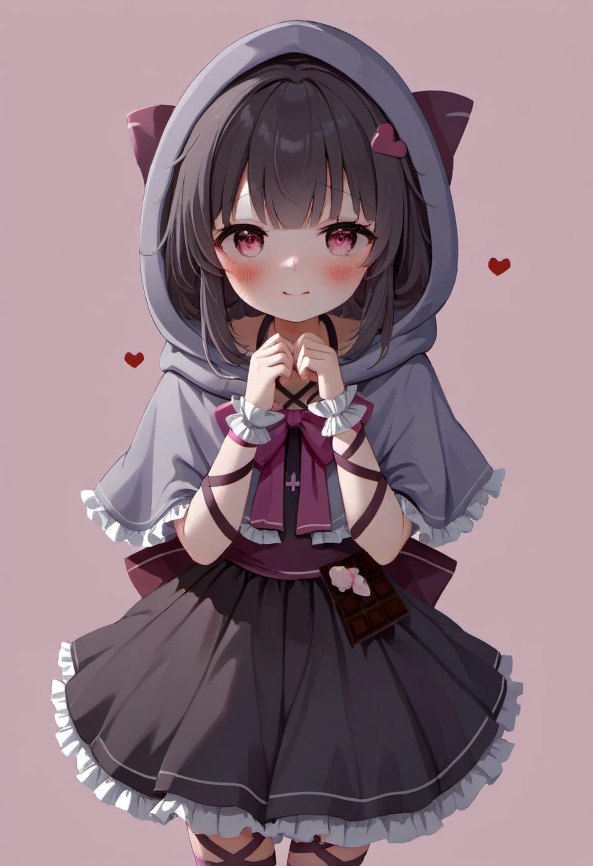 <lora:DetailedEyes_V3:1.0>, masterpiece, best quality, rating: general, newest,  <lora:Fallenshadow_SDXL:0.8>, Fallenshadow, yandere, chocolate, heart-shaped pupils, single wrist cuff, symbol-shaped pupils, solo, hands on own face, dress, food-themed clothes, criss-cross halter, waist bow, hood up, heart, shaded face, arm ribbon, grey cape, cloak, capelet, hands on own cheeks, smile, grey capelet, black dress, frills, halterneck, leg ribbon, cape, short dress, frilled dress, looking at viewer, petite, simple background, pink background, outline, white background, brown background 