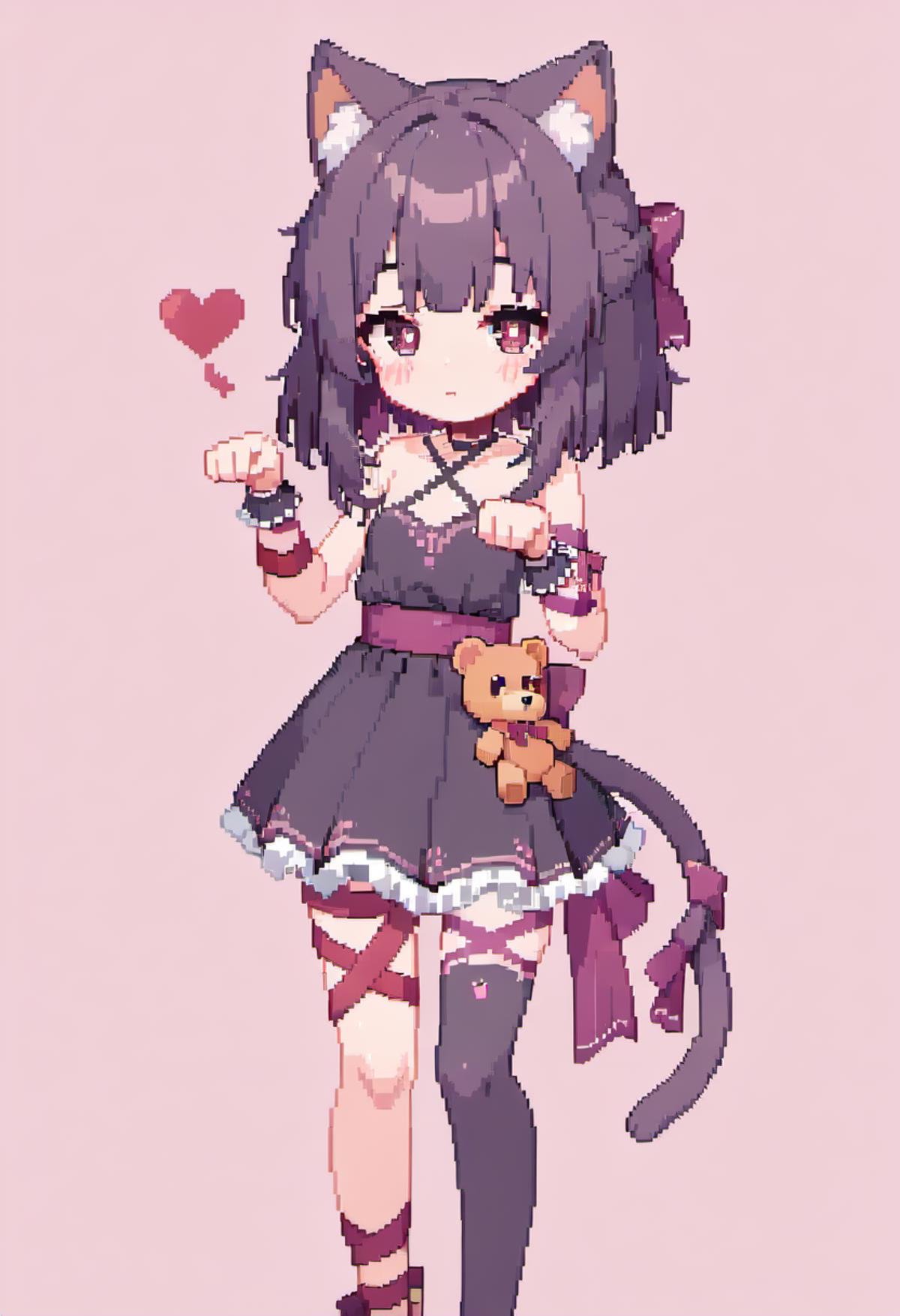 masterpiece, best quality, rating: general, newest,  pixel art, <lora:Fallenshadow_SDXL:0.8>, Fallenshadow, criss-cross halter, halterneck, heart-shaped pupils, cat ears, symbol-shaped pupils, heart, solo, stuffed toy, teddy bear, leg ribbon, waist bow, cat tail, blush, black dress, paw pose, single wrist cuff, tail ribbon, looking at viewer, simple background, arm ribbon, single thighhigh, white background, wrist cuffs, holding, bare shoulders, frills, animal ear fluff, tail bow, short dress, pink background, petite