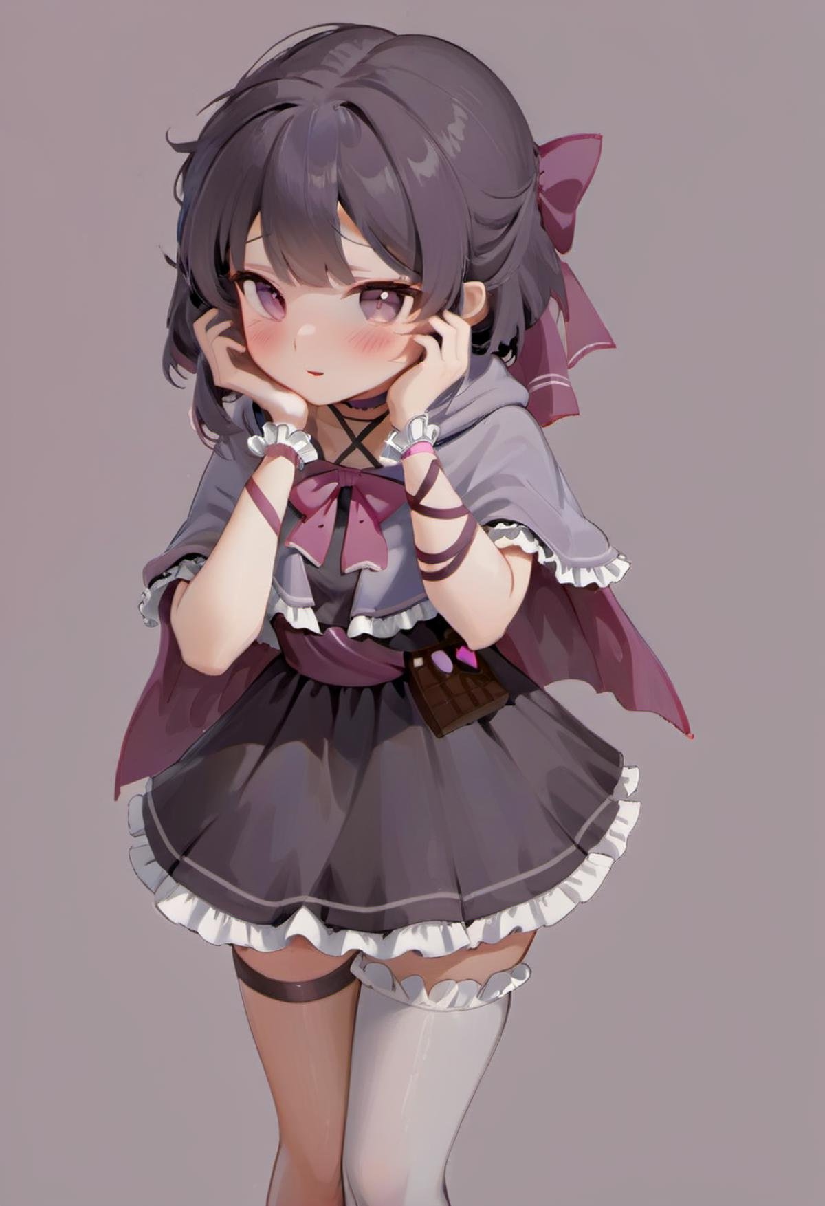 <lora:model_SDXL:1> style by nty, masterpiece, best quality, rating: general, newest,  <lora:Fallenshadow_SDXL:0.8>, Fallenshadow, yandere, chocolate, heart-shaped pupils, single wrist cuff, symbol-shaped pupils, solo, hands on own face, dress, food-themed clothes, criss-cross halter, waist bow, hood up, heart, shaded face, arm ribbon, grey cape, cloak, capelet, hands on own cheeks, smile, grey capelet, black dress, frills, halterneck, leg ribbon, cape, short dress, frilled dress, looking at viewer, petite, simple background, pink background, outline, white background, brown background 