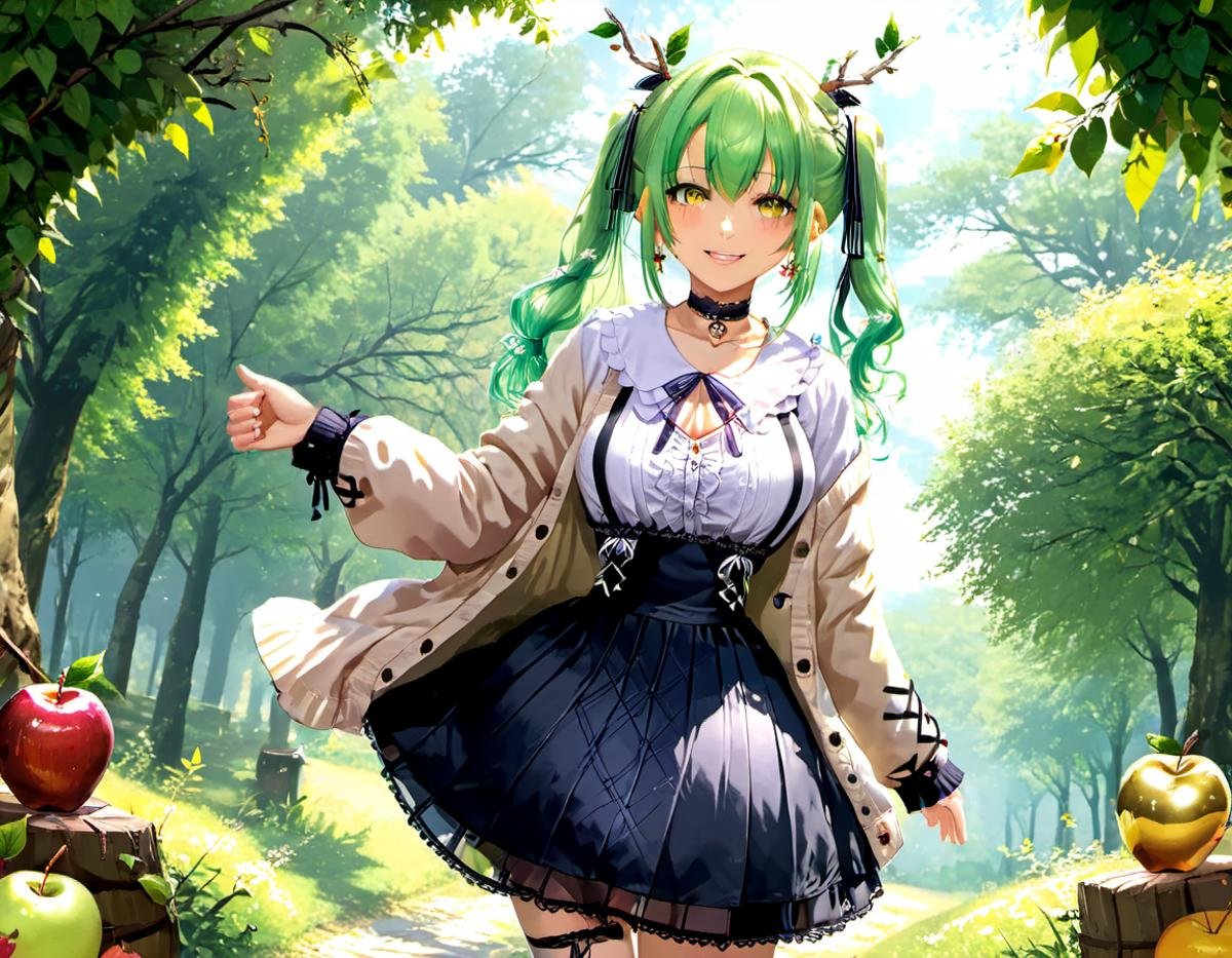 <lora:Ceres_Fauna:.7>, ceres fauna, beautiful woman, apple, solo, jirai kei, skirt, fruit, smile, long hair, ribbon, food, looking at viewer, mole, choker, cardigan, braid, official alternate costume, earrings, jewelry, mole under eye, hair ornament, hair ribbon, twintails, branch, leaf, hair flower, shirt <lora:DetailedEyes_V3:1>, <lora:xl_more_art-full_v1:1>