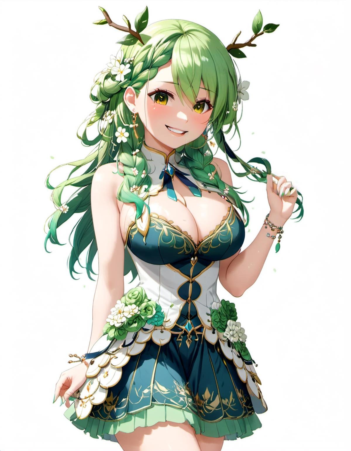 <lora:Ceres_Fauna:.7>, ceres fauna, solo, braid, full body, flower, braided bangs, cleavage, smile, looking at viewer, medium breasts, mole under eye, hair ornament, single braid, long hair, jewelry, blush, dress, white background, hair flower, branch, earrings, leaf, simple background, bangs, green nails, <lora:DetailedEyes_V3:1>, <lora:xl_more_art-full_v1:1>