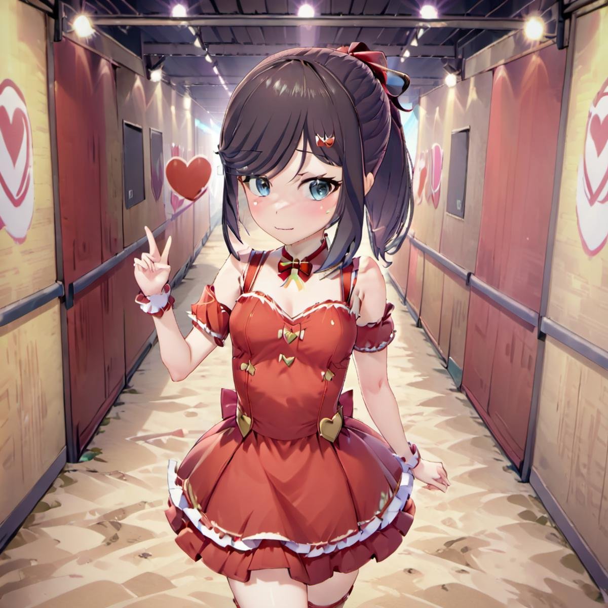 <lora:Maya_Makinami:1>,<lora:DetailedEyes_V3:1>, <lora:xl_idol_dress-2.0:1> red idol dress, ponytail, looking at viewer, cosplay, facing viewer, cowboy shot, walls, simple heart background, closed mouth, solo focus, hair between eyes, medium hair, hair ribbon, casual, ribbon, flat chest, hair bun, smile, happy, peace sign, lips, standing