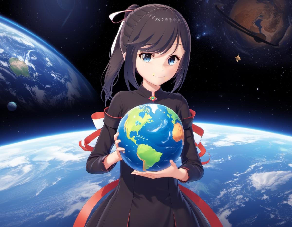 <lora:Maya_Makinami_from_LiL:.8>, A girl holding planet earth between her hands, jvdaniang, planet size, 1girl,  dress, hair ornament, ribbon, outer space,  ponytail, closed mouth, long sleeves, small breasts, hair ribbon, collarbone, dutch angle, hair between eyes, upper body, smile, medium hair, looking at viewer, floating