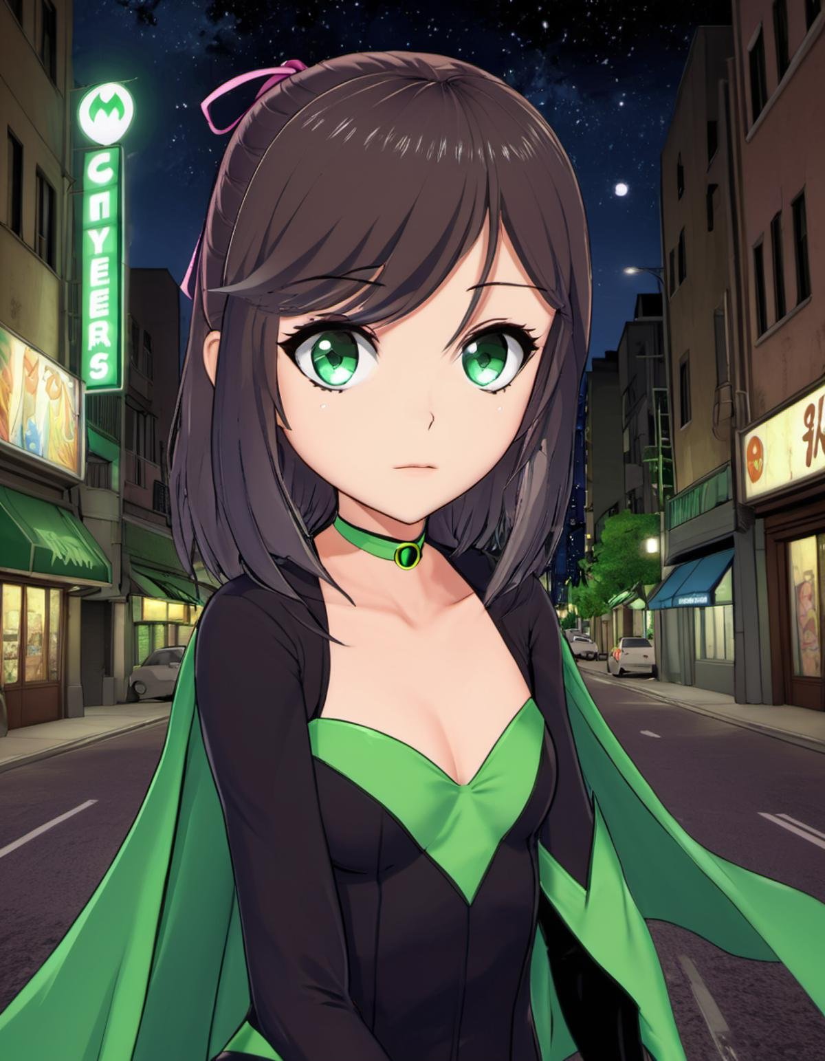 <lora:Maya_Makinami_from_LiL:.8>. green eyes. medium hair. hair ribbon as a comicbook superhero, city streets, night