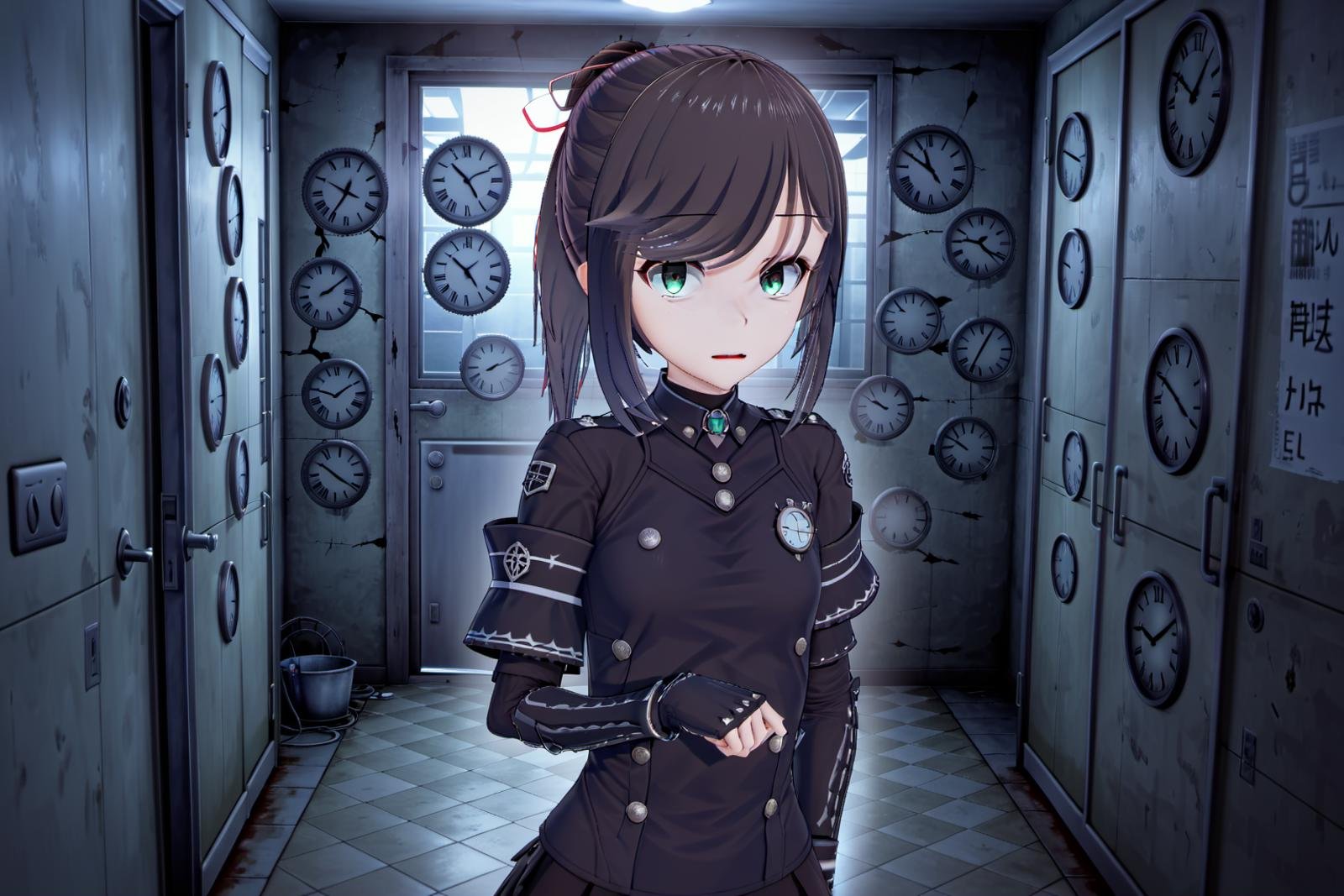 combat armor,  holding a gun, room with clocks, room with clocks covering all the walls, ponytail, looking at viewer, cosplay, facing viewer, cowboy shot, indoors, closed mouth, solo focus, hair between eyes, medium hair, hair ribbon, casual, ribbon, creepy smile, lips, (clocks:1.5), window, night, (dark:1.5), wall, bathroom, door, shadow, tiles, fog, standing, creepy, ominous, dark  <lora:Maya_Makinami:1> 