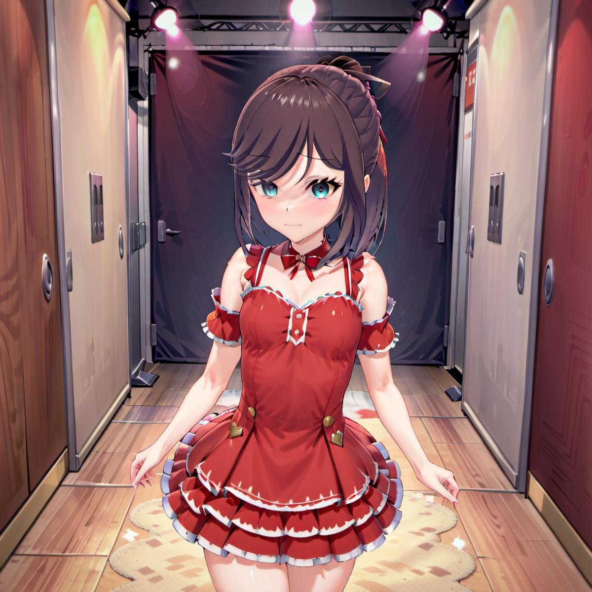 <lora:Maya_Makinami:1>,<lora:DetailedEyes_V3:1>, <lora:xl_idol_dress-2.0:1> red idol dress, ponytail, looking at viewer, cosplay, facing viewer, cowboy shot, walls, simple heart background, closed mouth, solo focus, hair between eyes, medium hair, hair ribbon, casual, ribbon, flat chest, hair bun, (smile:1.5), happy, peace sign, lips, standing