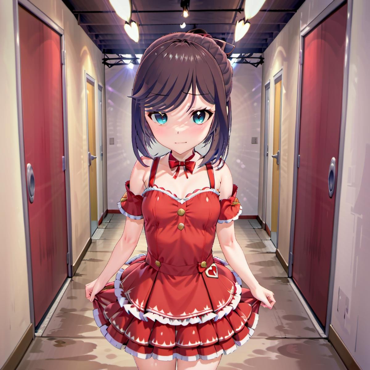 <lora:Maya_Makinami:1>,<lora:DetailedEyes_V3:1>, <lora:xl_idol_dress-2.0:1> red idol dress, ponytail, looking at viewer, cosplay, facing viewer, cowboy shot, walls, simple heart background, closed mouth, solo focus, hair between eyes, medium hair, hair ribbon, casual, ribbon, flat chest, hair bun, (smile:1.5), happy, peace sign, lips, standing