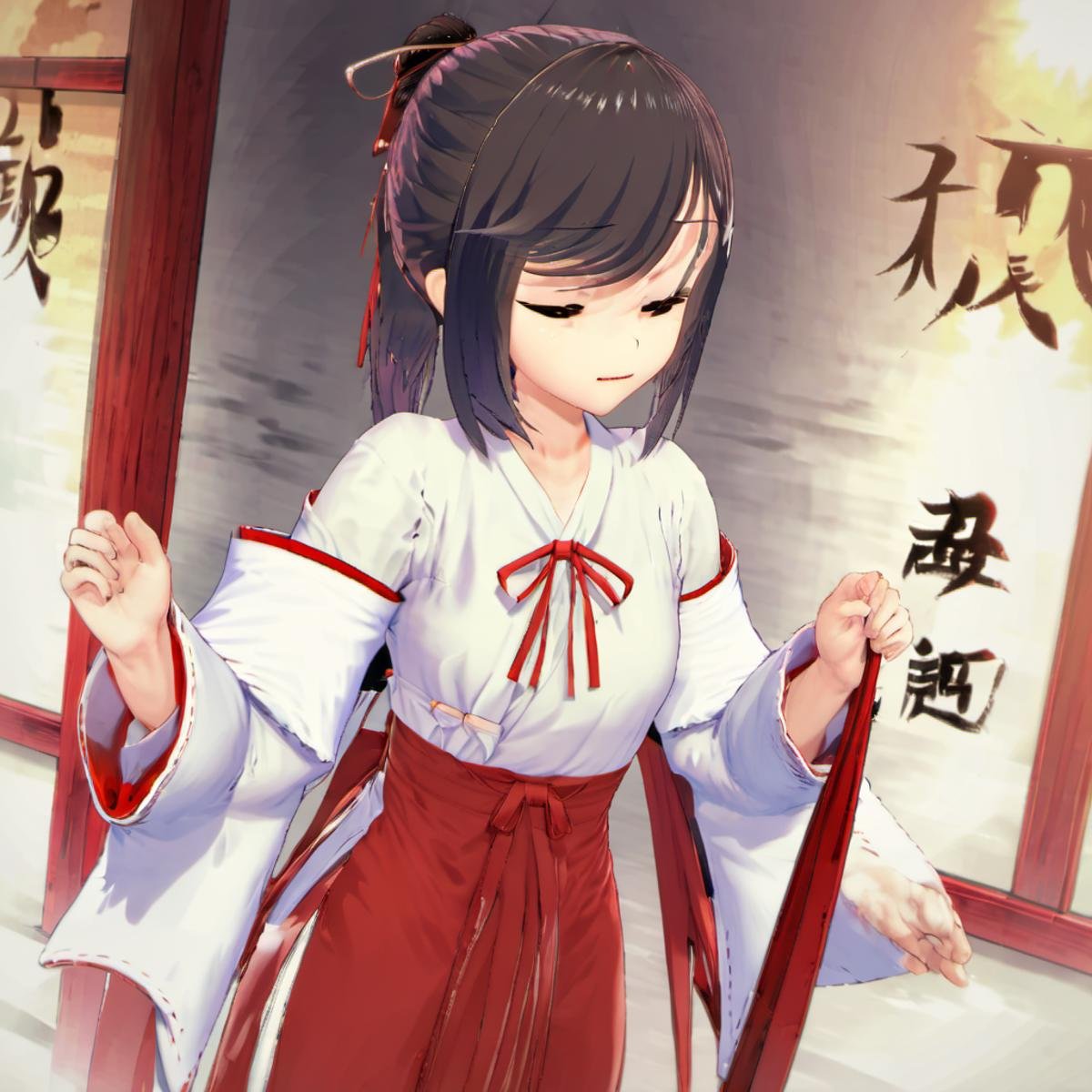 japanese clothes, hakama, hakama skirt, skirt, miko, red hakama, looking at viewer, long sleeves, kimono, ribbon, hair ribbon, wide sleeves, parted lips, hair bun, open mouth, hand on hip, standing, red ribbon, white kimono, hair ornament, ponytail, leaning forward, bow, arm behind head, hand in hair, cowboy shot, arm up, twitter username, braid, red bow, alternate hairstyle, hair between eyes, artist name, teeth, white shirt, hand up, red skirt, tied hair, shirt, parted bangs, hakama short skirt, hair up, hairclip, arm behind back, male focus, arm at side, jitome, frown, hair bow, purple hair, flat chest, collarbone, half-closed eyes, looking to the side, smile, dress, shiny hair, sleeves past wrists, french braid, eyes visible through hair, shiny, <lora:Maya_Makinami:1>