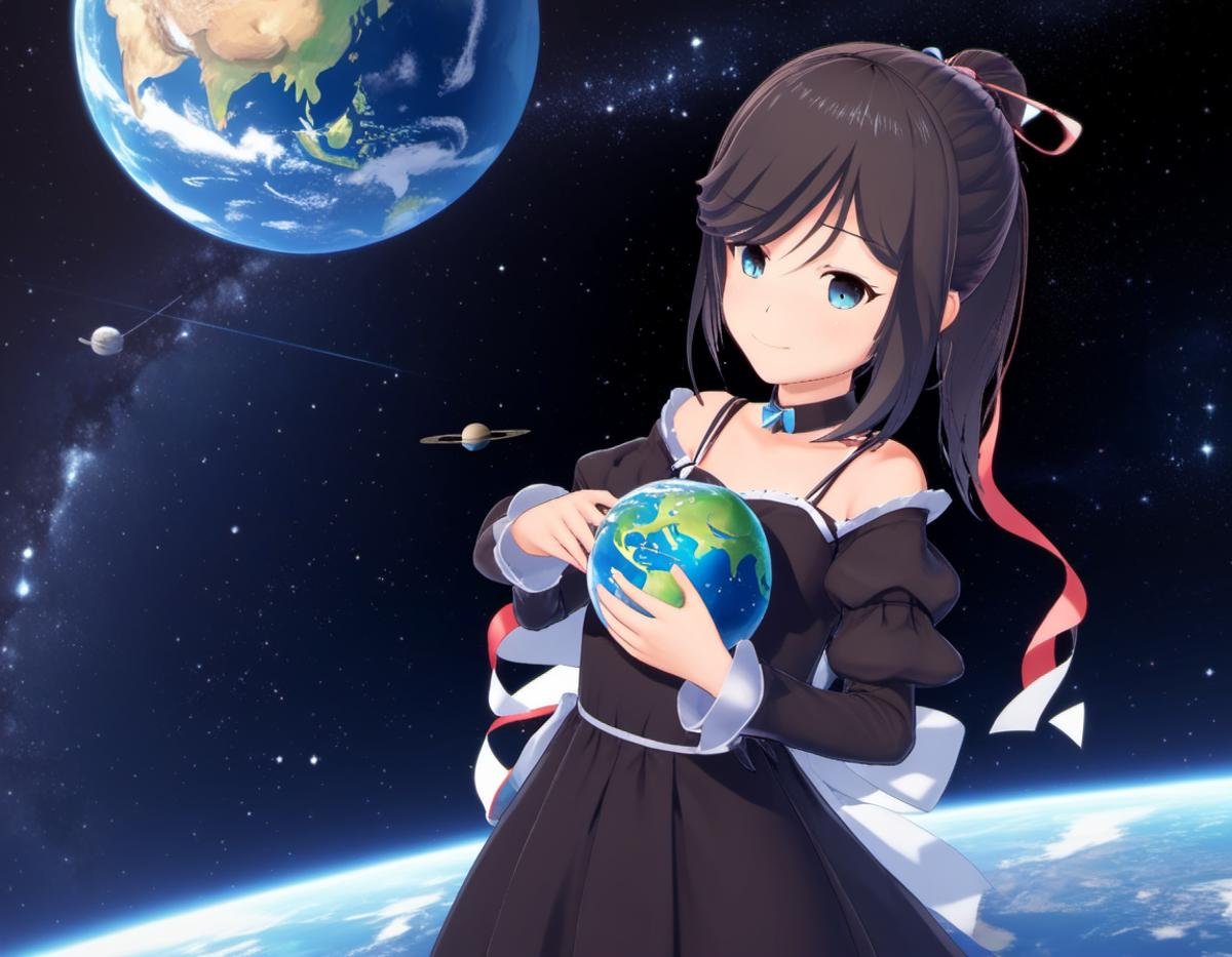 <lora:Maya_Makinami_from_LiL:.8>, A girl holding planet earth between her hands, jvdaniang, planet size, 1girl,  dress, hair ornament, ribbon, outer space,  ponytail, closed mouth, long sleeves, small breasts, hair ribbon, collarbone, dutch angle, hair between eyes, upper body, smile, medium hair, looking at viewer, floating