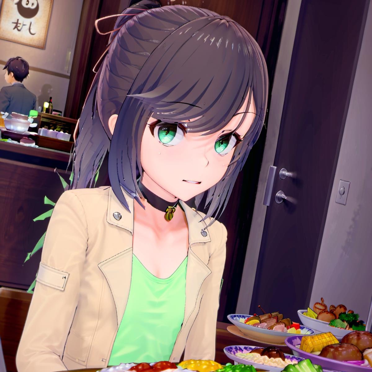 solo, 1girl, food, choker, bell, chopsticks, ponytail, holding, neck bell, jacket, shirt, dutch angle, green shirt, long sleeves, collar, coat, jingle bell, upper body, indoors, black choker, open clothes, closed mouth, solo focus, hair between eyes, collarbone,open jacket, medium hair, looking to the side, open coat, steam, looking away, hair ribbon, bowl,  casual, table, buttons, plate, ribbon, beige jacket, flat chest, fish, hair bun, expressionless, frown, sitting  <lora:Maya_Makinami:1> 