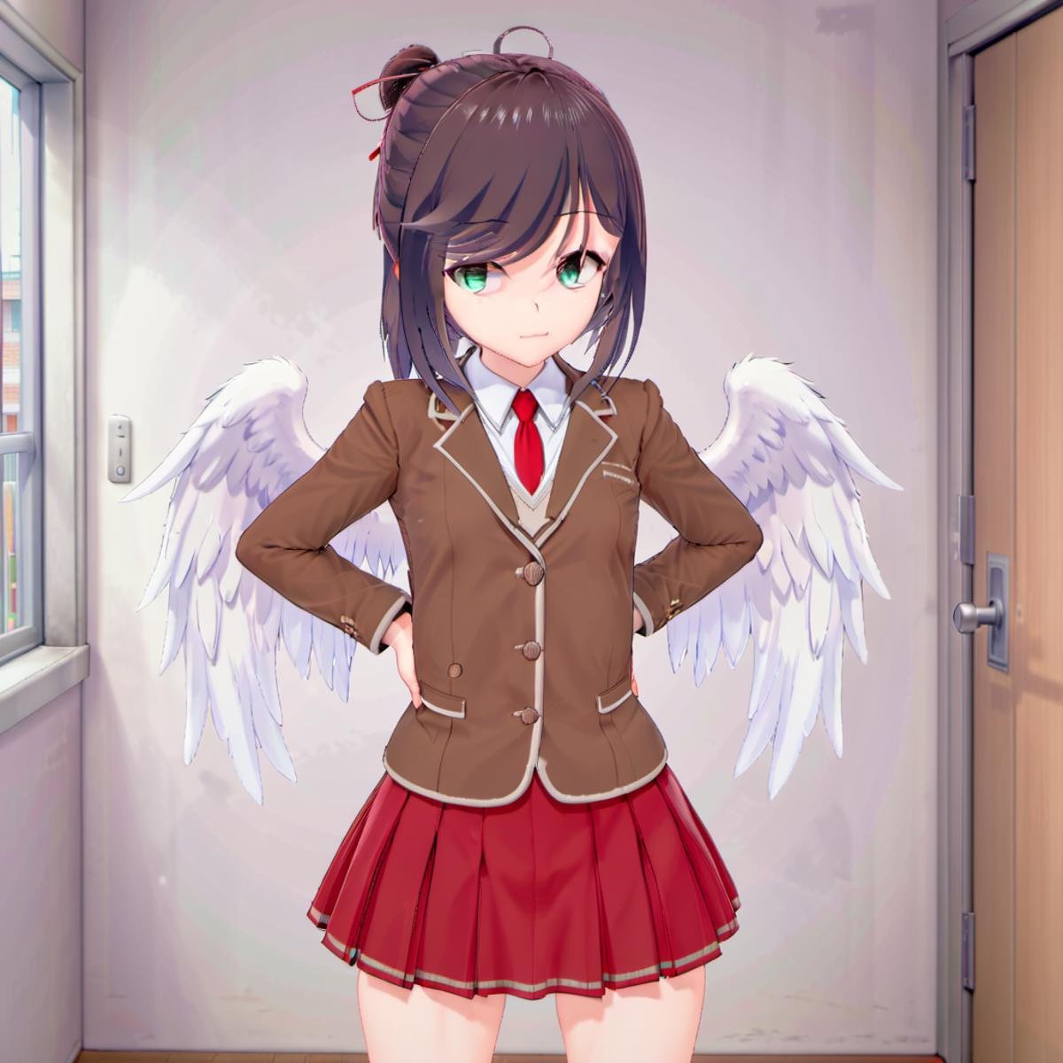 skirt, necktie, red skirt, school uniform, looking at viewer, arm behind back, pleated skirt, jacket, brown jacket, miniskirt, red ribbon, cowboy shot, angel wings, hair bun,  hair between eyes, arm behind back, dress shirt, buttons, thighs, tied hair, bent over, flat chest, eyes visible through hair, small breasts, eyebrows, pocket, hair up, medium hair, shiny hair,  <lora:Maya_Makinami:1> 