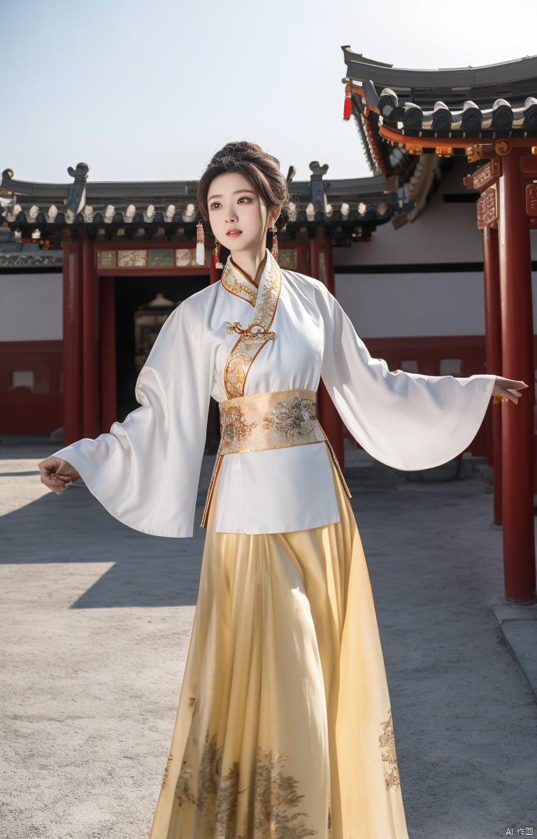 1girl, mamianqun, dancing wantonly in a square, super realistic, good-looking girl, medium chest, thin waist, Chinese eldest lady, behind is the traditional Chinese palace,