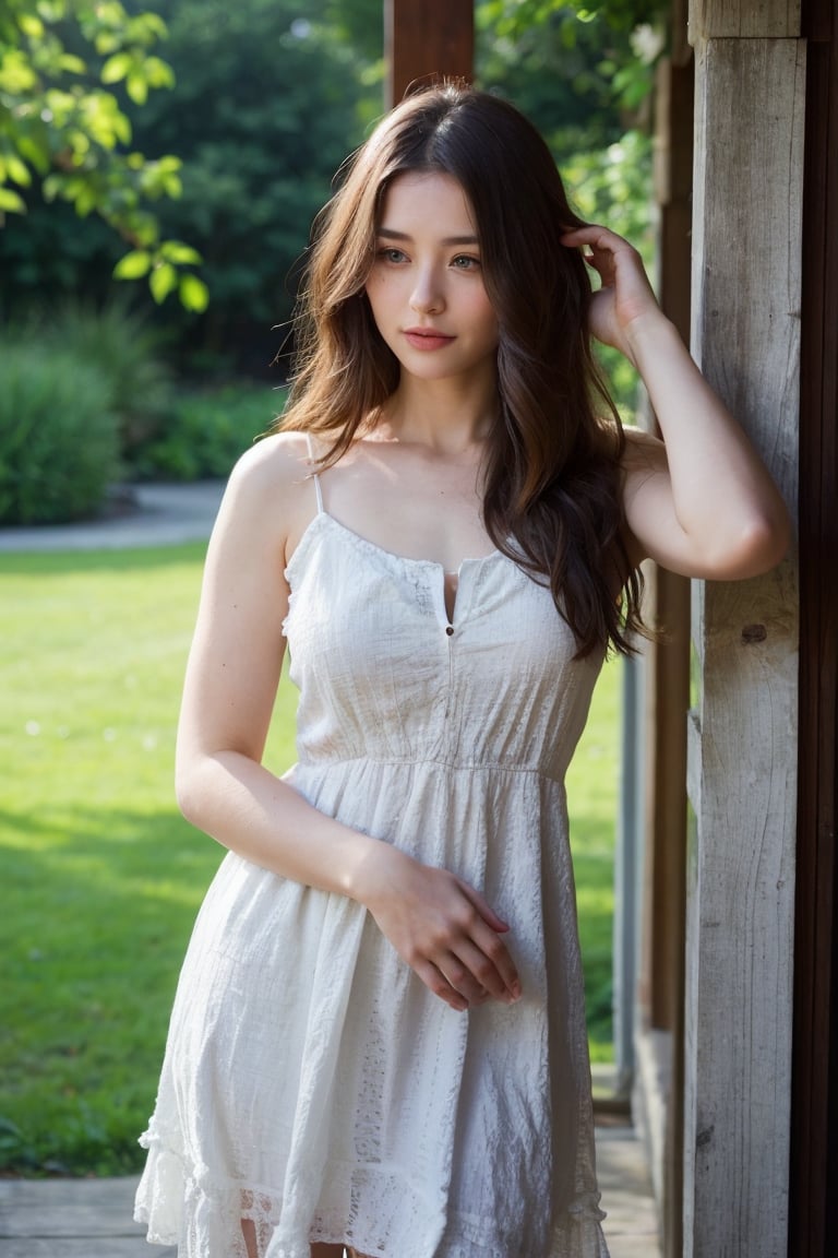 A beautiful woman with light delicately filtering through her hair, her summer dress is beautiful and she's standing in front of a cottage