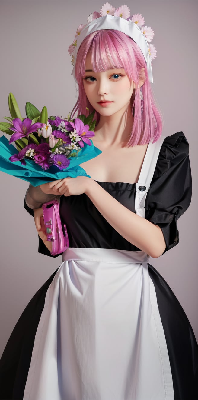 1girl, solo, looking at viewer, bangs, blue eyes, simple background, dress, holding, closed mouth, pink hair, flower, puffy sleeves, medium hair, grey background, apron, black dress, maid, maid headdress, headgear, expressionless, white flower, white apron, maid apron, bouquet, android, mechanical arms, holding bouquet, lily \(flower\)
