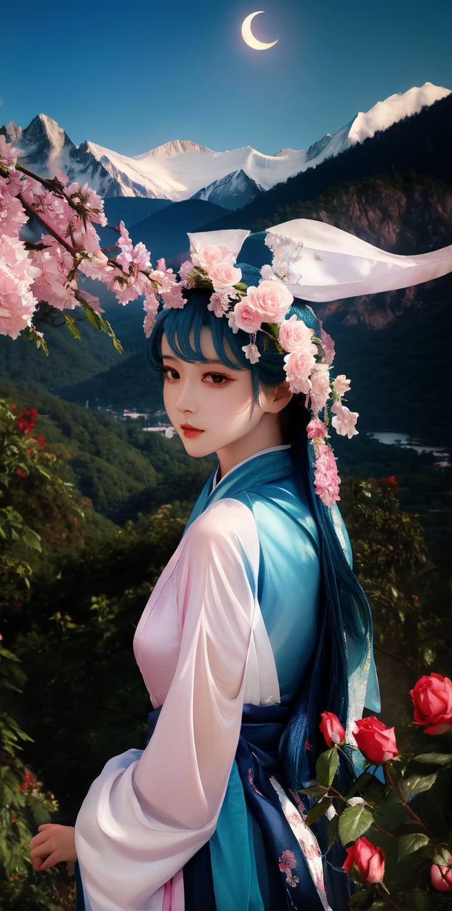 Anime Style, masterpiece, top quality, super detailed, official art, 1 girl, delicate facial features, perfect eyes, looking at viewer, wearing Hanfu, waist-up view, Long lens photo, pastel colors, realistic, 16K, mountains , valley, sun and moon silhouettes romantic sky, flowers, light roses, stunning light, photorealism, line art.,
