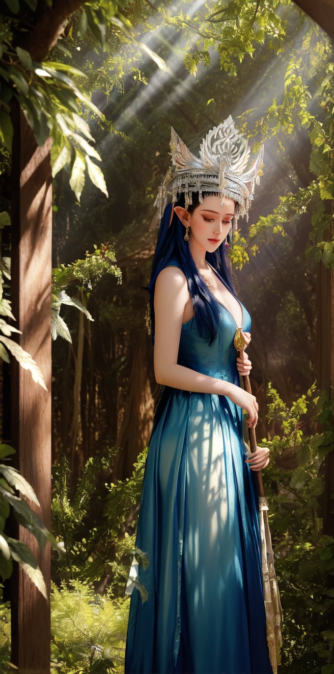 In a dappled, ancient forest ruin, an Elf Princess stands tall, her staff raised high as beams of warm sunlight filter through the trees, casting a golden halo around her regal figure. Her revealing, enchanted clothing shimmers in the soft light, while lush foliage and vines surround her, creating a lush environment. The camera captures a sharp focus on the princess's face, with the rule of thirds composition placing her at the intersection of two diagonals. Shot during the golden hour, the scene exudes an ethereal mood, inviting the viewer to step into this mystical realm., ,fantasy,better_hands,leonardo,angelawhite,Enhance
