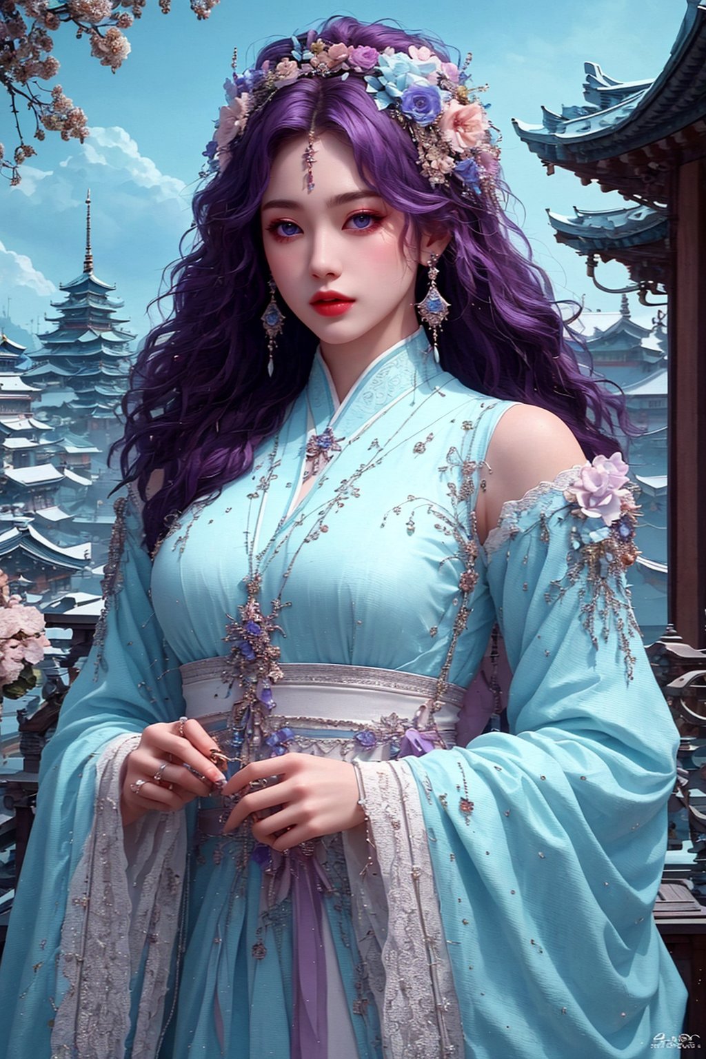 1 girl, 8k, masterpiece, ultra-realistic, best quality, high resolution, high definition, solo, long hair, looking at viewer, hair ornament, dress, jewelry, purple eyes, purple hair, flower, earrings, detached sleeves, sky, hair flower, white dress, architecture, east asian architecture