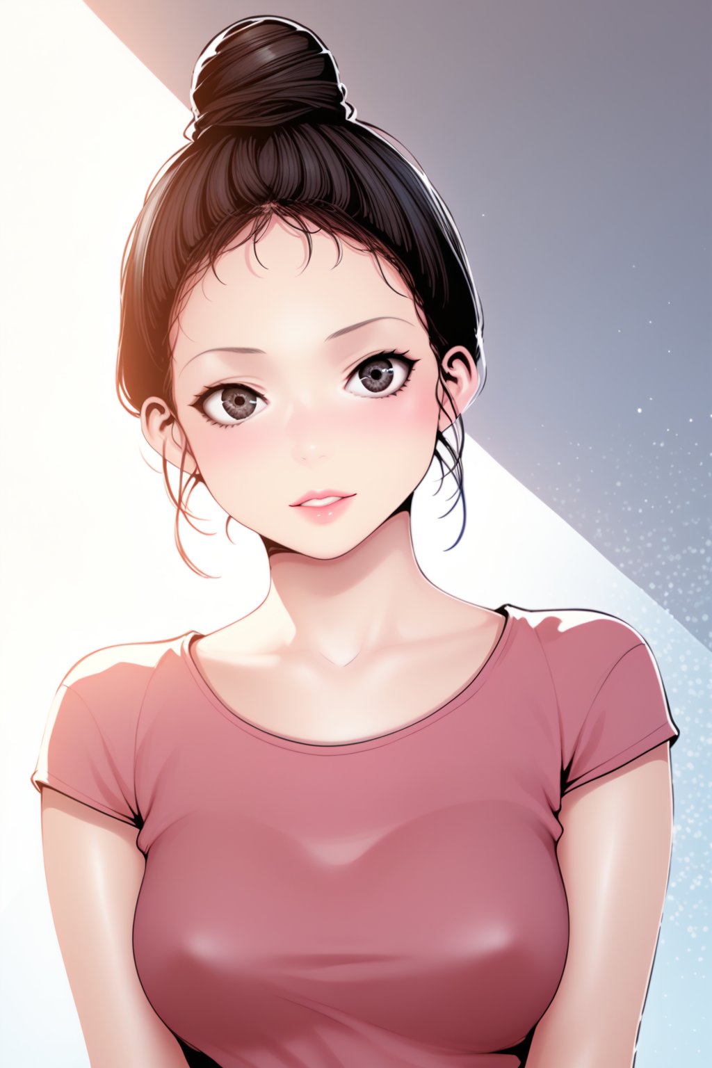 At home , Casual Clothes , 
BREAK , 
score_9, score_8_up, score_7_up, score_6, score_5, score_4, ( masterpiece , ultra Detailed  ) ,neighbordef, black hair, black eyes,hair bun