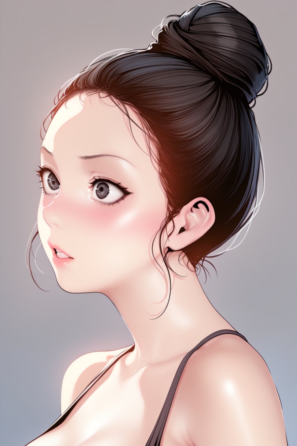 At home , 
BREAK , 
score_9, score_8_up, score_7_up, score_6, score_5, score_4, ( masterpiece , ultra Detailed  ) ,neighbordef, black hair, black eyes,hair bun