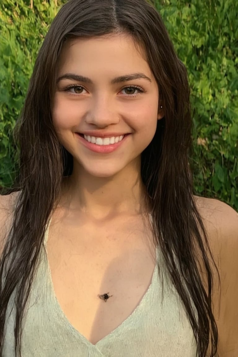 A stunning young woman with long, dark hair framing her heartwarming smile. Navel show, Her piercing black eyes sparkle as she gazes directly at the viewer, exuding a sense of confidence and joy. A small mole beneath her lips adds to her endearing features. She wears a casual shirt, relaxed in an outdoor setting where greenery surrounds her. The warm sunlight casts a gentle glow on her features, accentuating her radiant grin.