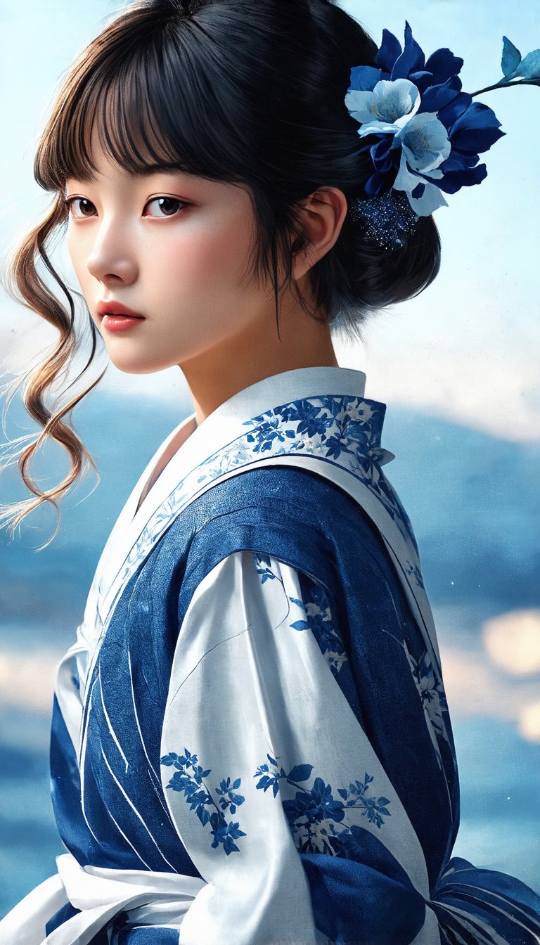 (A young girl, a work strongly influenced by Katsushika Hokusai, a beautiful woman who is a model for the Dior brand, gracefully looking over her shoulder, an effective background that matches the theme), detailed textures, high quality, high resolution, high precision, realism, color correction, proper lighting settings, harmonious composition, Behance Works,1girl_neo