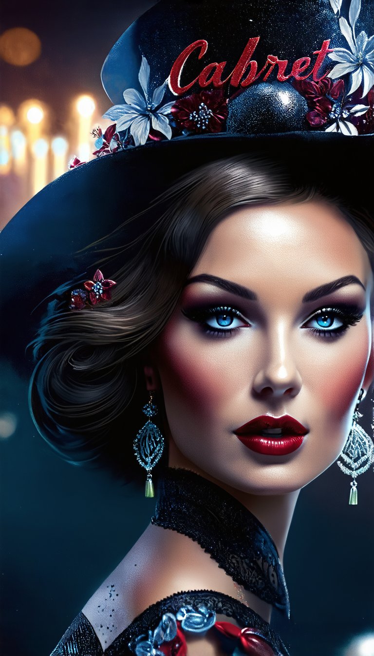 (Draw a very beautiful woman on the theme of "Cabaret", a background that matches the theme, and dramatic lighting), (photorealistic:1.4), detailed textures, high quality, high resolution, high precision, realism, color correction, proper lighting settings, harmonious composition, Behance Works,1girl_neo