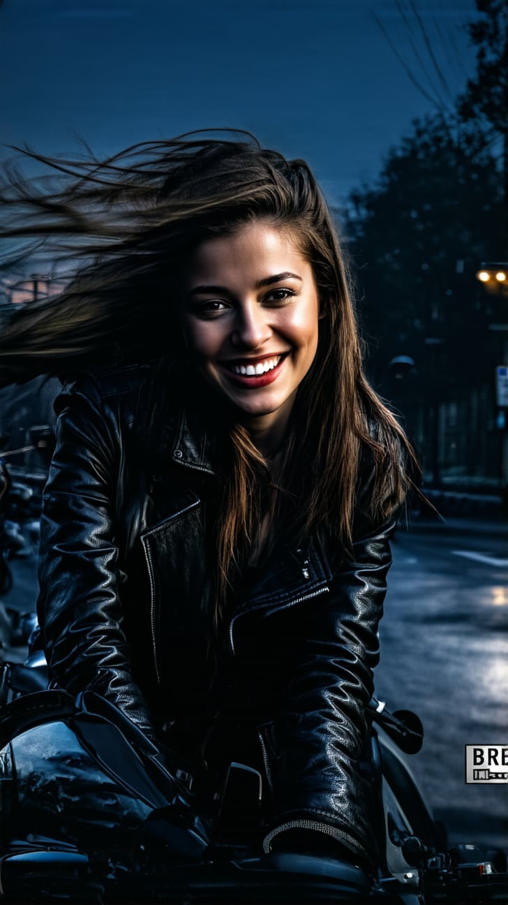 a girl,20yo,1girl,leather jacket,smile, long hair blowing by wind,Kristen Stewart lookalike,(dark:1.3),close-up
BREAK
backdrop:Riding a motorbike, wind in hair,city street or countryside road, dynamic pose, focused expression,at night,cluttered maximalism
BREAK
settings:(rule of thirds:1.3),perfect composition,depth of perspective,(masterpiece,best quality,detailed,realistic), chiaroscuro lighting
BREAK
by Antonio Lopez,Diego Koi,David Parrish,Canaletto and Edward Hopper,ek_real_b00ster,ek_art_b00ster,ek_ani_b00ster,ek_photo_booster