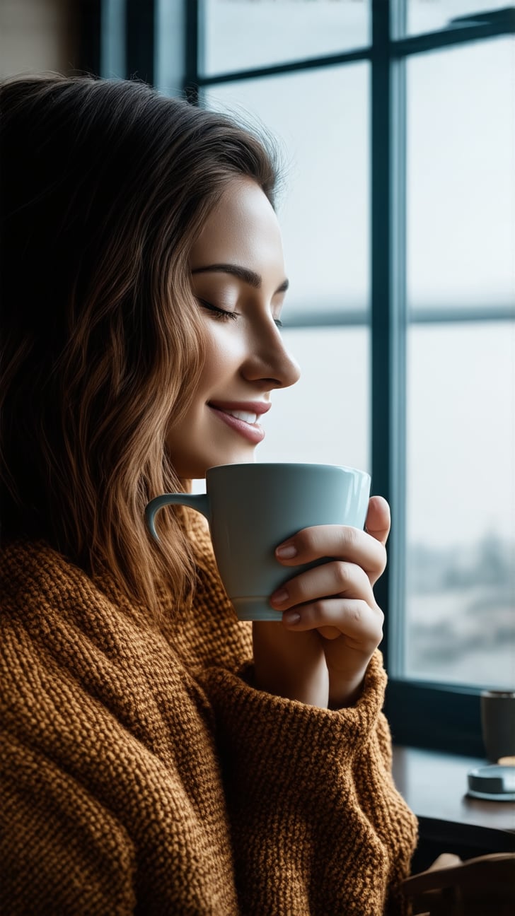 A close-up portrait of a woman enjoying her morning coffee by a large window. She has loose, wavy hair and is wearing a soft, oversized sweater. Her eyes are closed, and she has a contented smile on her face, with the soft morning light creating a warm and inviting atmosphere.
cluttered maximalism
BREAK
(rule of thirds:1.2),perfect composition,trending on artstation,(masterpiece,best quality,32K,UHD,sharp focus,high contrast,hyper-detailed,intricate details,ultra-clear,cinematic lighting,vivid colors:1.3), ek_real_b00ster,ek_photo_booster