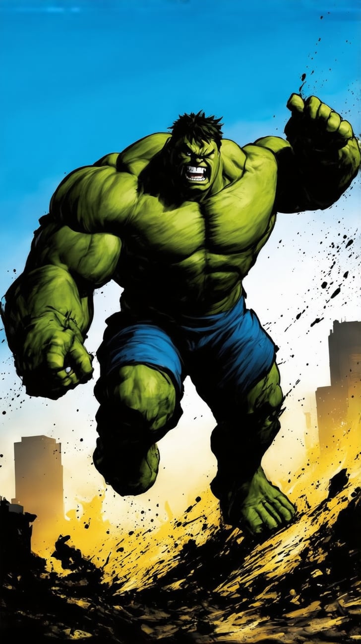 A high-speed action scene of Hulk charging through a city. He is in mid-stride, with his massive green muscles rippling with power, the ground cracking beneath his feet with each thunderous step. The cityscape around him is a blur of buildings and debris, showcasing the sheer force of his movement. The scene is bathed in the golden glow of the setting sun, casting long shadows and dramatic light on Hulk's towering form. His eyes are focused with a primal intensity, exuding raw strength and unstoppable momentum as he barrels through the urban landscape.[[blue sky]],illustration,Ink splashes, bold lines, dynamic poses,Ink splashes, bold lines, dynamic poses,ek_ani_b00ster,ek_real_b00ster