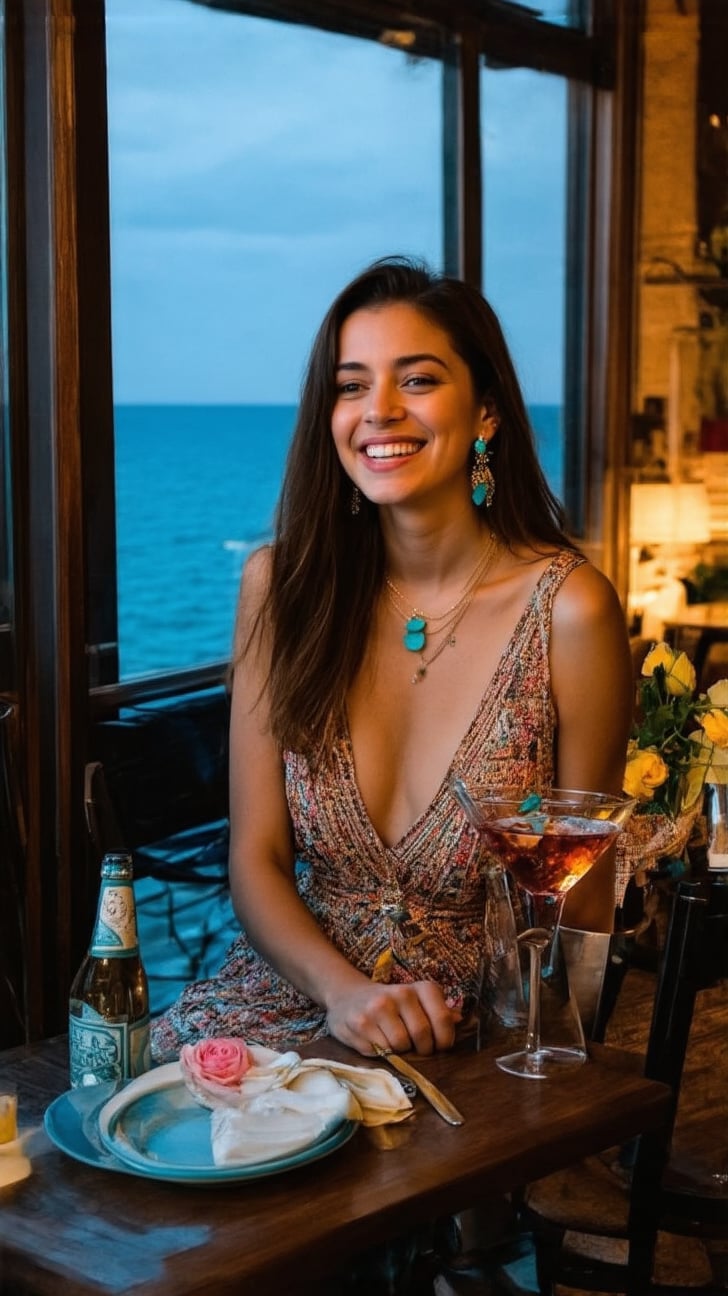 a girl sitting in a cafe,20yo,1girl,elegant dress,smile, long hair flowing on her shoulder naturally,small earrings, necklaces,(turquoise,pink,yellow and cream colors),Kristen Stewart lookalike,(dark),close-up:1.2
BREAK
backdrop:ocean view cafe,cocktail,bottle,window,flower,at night,cluttered maximalism
BREAK
settings:(rule of thirds:1.3),perfect composition,depth of perspective,(masterpiece,best quality,detailed,realistic), chiaroscuro lighting
BREAK
by Antonio Lopez,Diego Koi,David Parrish,Canaletto and Edward Hopper,ek_real_b00ster,ek_art_b00ster,ek_ani_b00ster,ek_photo_booster