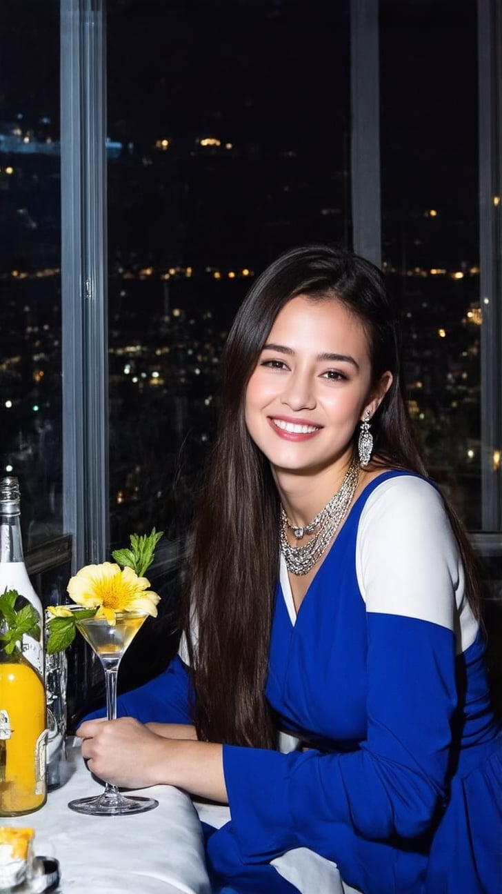 a girl sitting in a cafe,20yo,1girl,elegant dress,smile, long hair flowing on her shoulder naturally,small earrings, necklaces,(cobalt blue, white and yellow colors),Kristen Stewart lookalike,(dark),close-up:1.2
BREAK
backdrop:ocean view cafe,cocktail,bottle,window,flower,at night,cluttered maximalism
BREAK
settings:(rule of thirds:1.3),perfect composition,depth of perspective,(masterpiece,best quality,detailed,realistic), chiaroscuro lighting
BREAK
by Antonio Lopez,Diego Koi,David Parrish,Canaletto and Edward Hopper,ek_real_b00ster,ek_art_b00ster,ek_ani_b00ster,ek_photo_booster