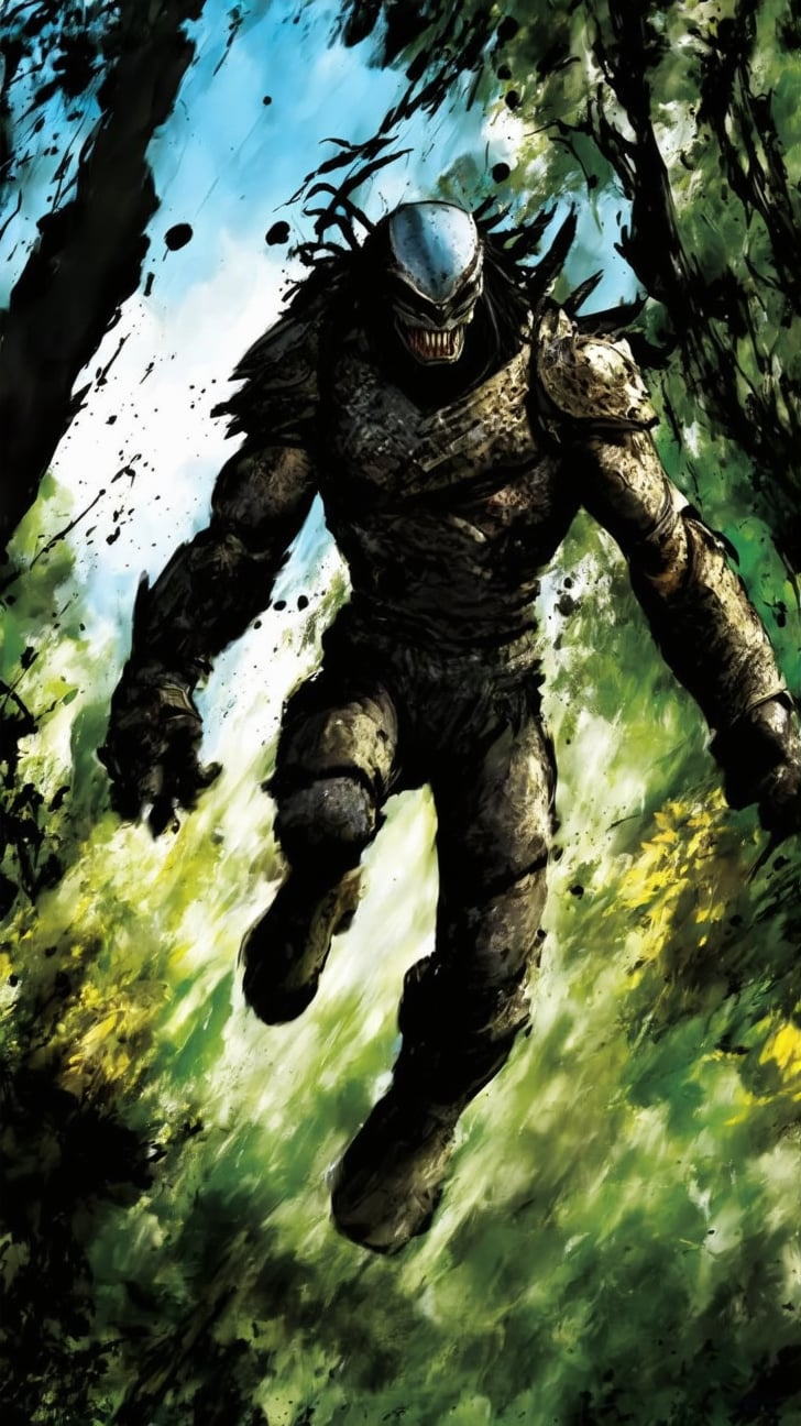 A dynamic upward swooping aerial view capturing Predator in action as he leaps through the dense jungle canopy. His iconic armor and dreadlocks are a blur of motion, with towering trees and foliage whizzing by in a blurred rush. The scene is bathed in the green and gold hues of the jungle, with dappled sunlight filtering through the leaves, casting a warm, natural glow. A few beams of sunlight break through the canopy, highlighting Predator's menacing form as he moves with unparalleled agility.[[blue sky]],illustration,Ink splashes, bold lines, dynamic poses,Ink splashes, bold lines, dynamic poses,ek_ani_b00ster,ek_real_b00ster