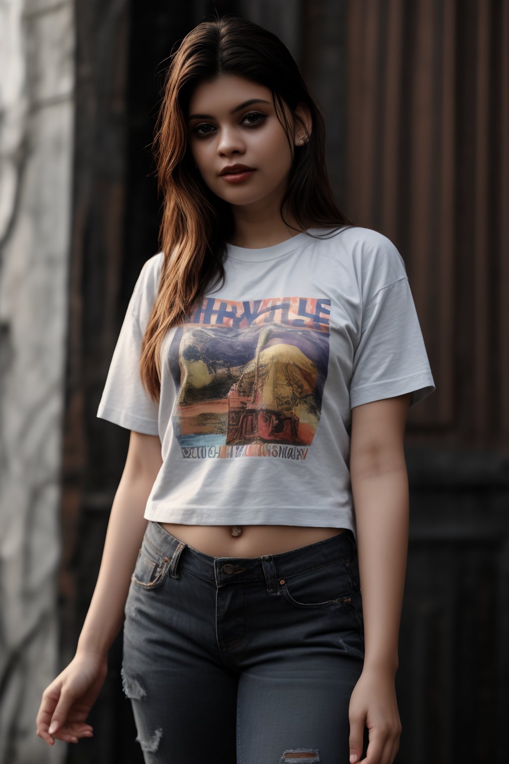 Dreadlock hairstyle , oversize t-shirt:1.2, shot over jacket, 30 years old plump women, curvy body:0.8,  thick hip, punk women, multicolor_hair:1, hot_pants 