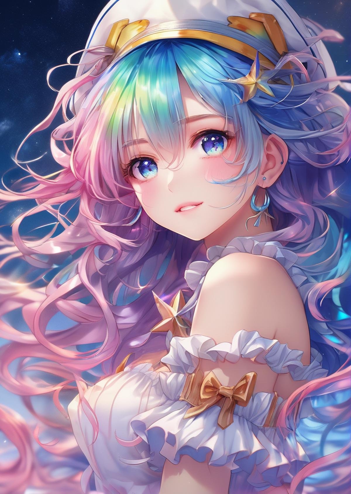 ((extremely detailed CG)),((8k_wallpaper)),(((masterpiece))),((best quality)),watercolor_(medium),((beautiful detailed starry sky)),cinmatic lighting,princess,very long rainbow hair,side view,looking at viewer,full body,frills,(far from viewer),((extremely detailed face)),((an extremely delicate and beautiful girl)),((extremely detailed cute anime face)),((extremely detailed eyes)),(((extremely detailed body))),(ultra detailed),illustration,((bare stomach)),((bare shoulder)),small breast,((sideboob)),((((floating and rainbow hair)))),(((Iridescence and rainbow hair))),(((extremely detailed sailor dress))),((((Iridescence and rainbow dress)))),(Iridescence and rainbow eyes),beautiful detailed hair,beautiful detailed dress,dramatic angle,expressionless,(big top sleeves),frills,blush,(ahoge)