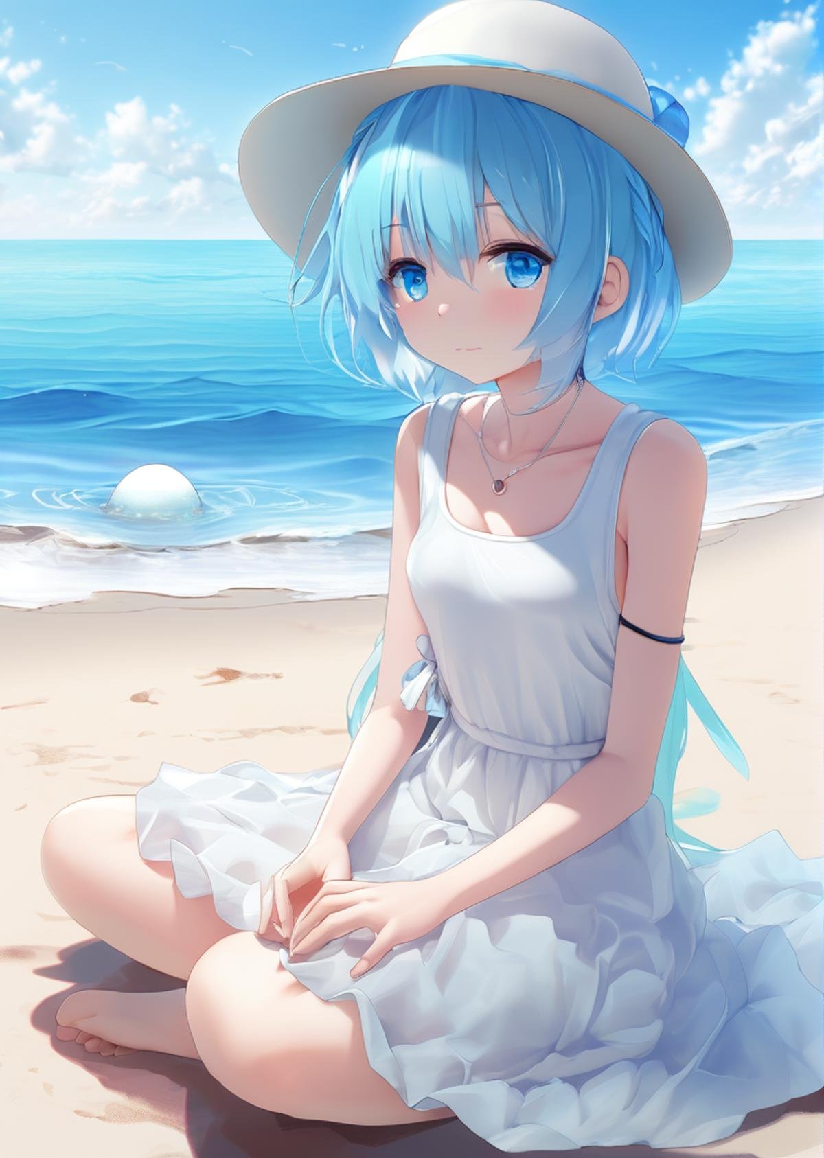 atomosphere fog, 1girl, sitting, kneeling, solo, cloud, outdoors, bracelet, white dress, aqua hair, blue eyes, beach, short hair, day, water, sleeveless, ocean, white hat, blue sky<lora:neg4all_bdsqlsz_xl_V7:1>