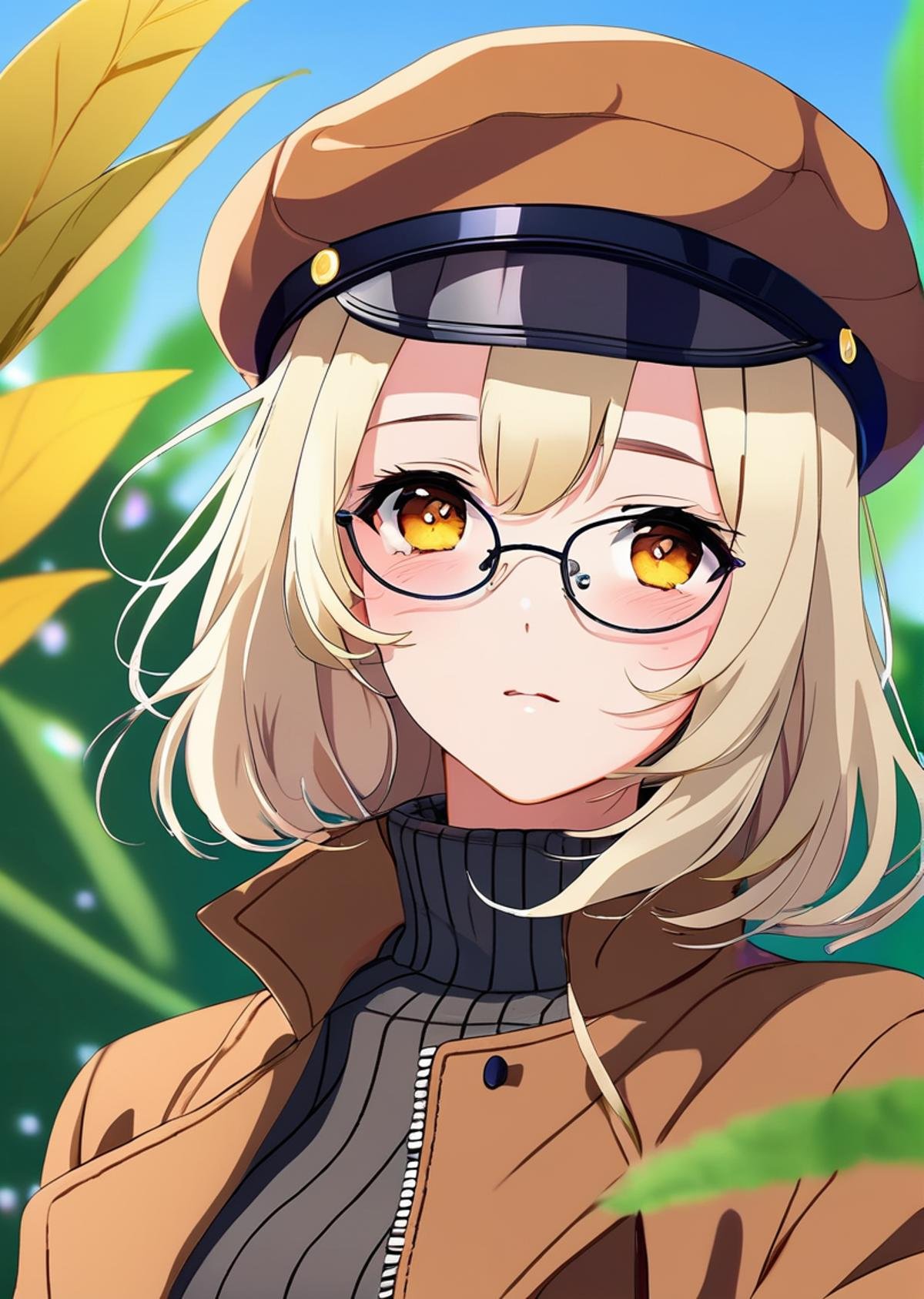 close up, bokeh, cute, 1girl, solo, beret, hair clip, beige hair, round eyewear, brown jacket, turtleneck sweater, upper body, looking at viewer, yellow eyes, closed mouth, leaf, white background, plant