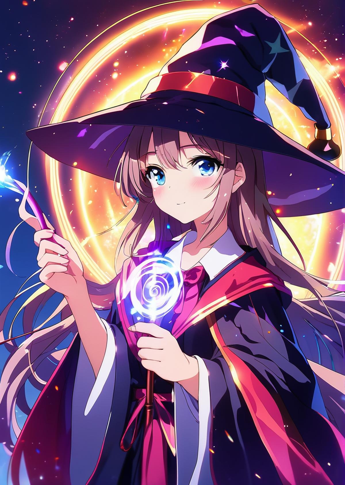 1girl, solo, wizard hat, robe, holding staff, on magic circle, light particles, glowing light