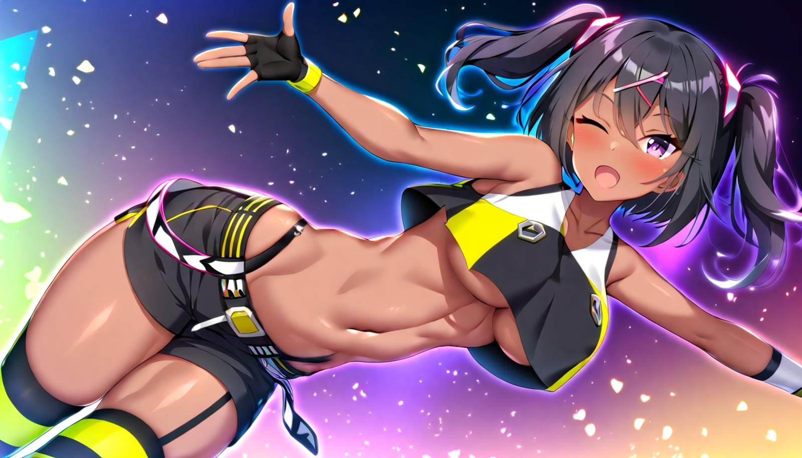 1girl,nsfw,uncensored, masterpiece, newest, absurdres,best quality, arm up, bare shoulders, belt, black hair, black shorts, blush, boots, breasts, collarbone, crop top, crop top overhang, dark skin, dark-skinned female, feet out of frame, hair ornament, hairclip, headgear, large breasts, looking at viewer, midriff, navel, one eye closed, open mouth, outstretched arm, partially fingerless gloves, purple eyes, short hair, shorts, solo, standing, stomach, striped, striped thighhighs, thighhighs, twintails, very long hair, x hair ornament