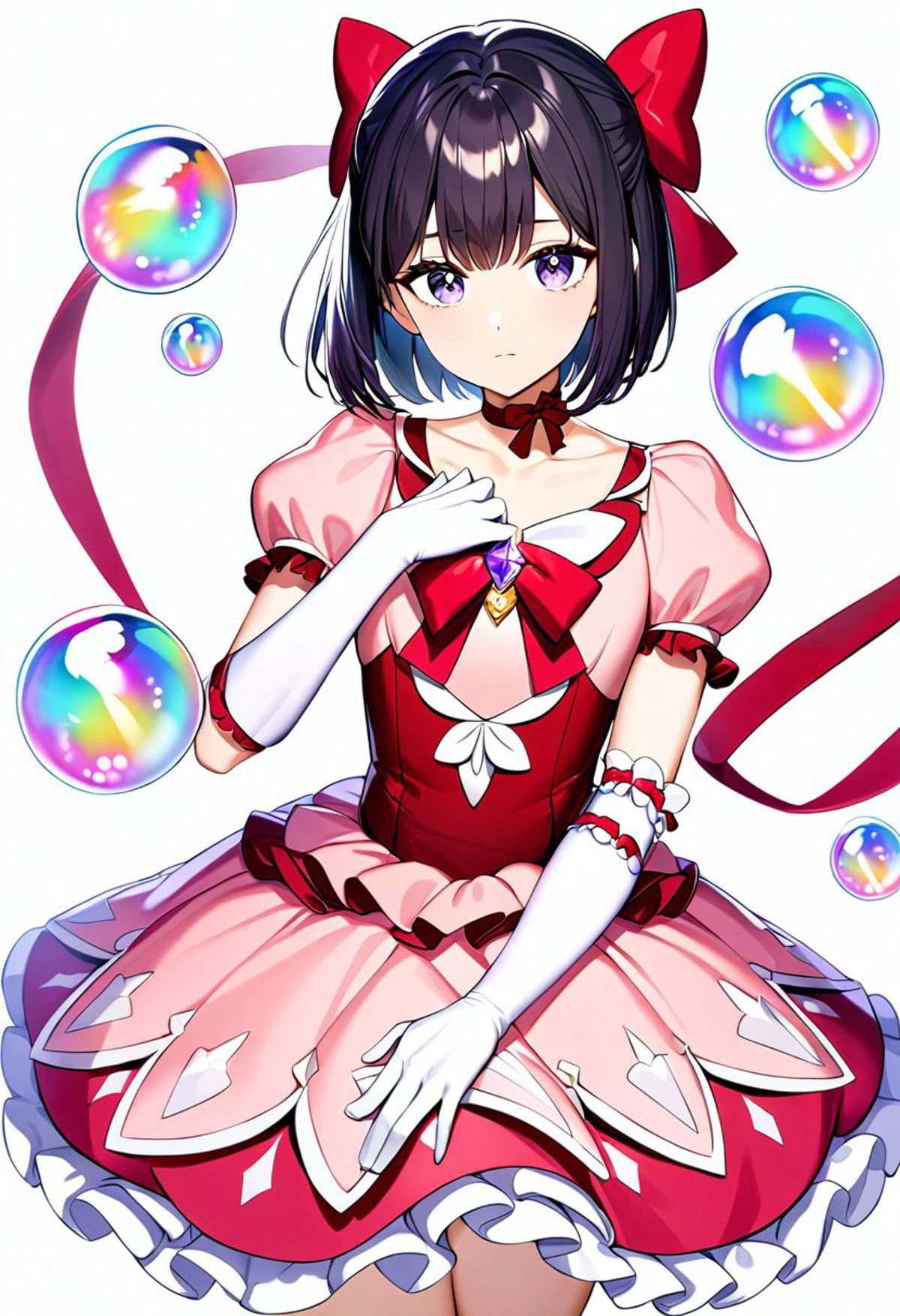 1girl,    gloves, red dress, puffy sleeves, purple eyes, white background, frills, puffy short sleeves, purple hair, cowboy shot, skirt, expressionless, red choker, frilled dress, closed mouth, elbow gloves, looking at viewer, dress, standing, pink dress, short sleeves, ribbon choker, red ribbon, simple background, gem, collarbone, ribbon, choker, hair bow, bow, short hair, magical girl, black hair, white gloves, solo, red bow, bow choker, petticoat, hand up, bubble skirt, very aesthetic, masterpiece, best quality, absurdres, sensitive