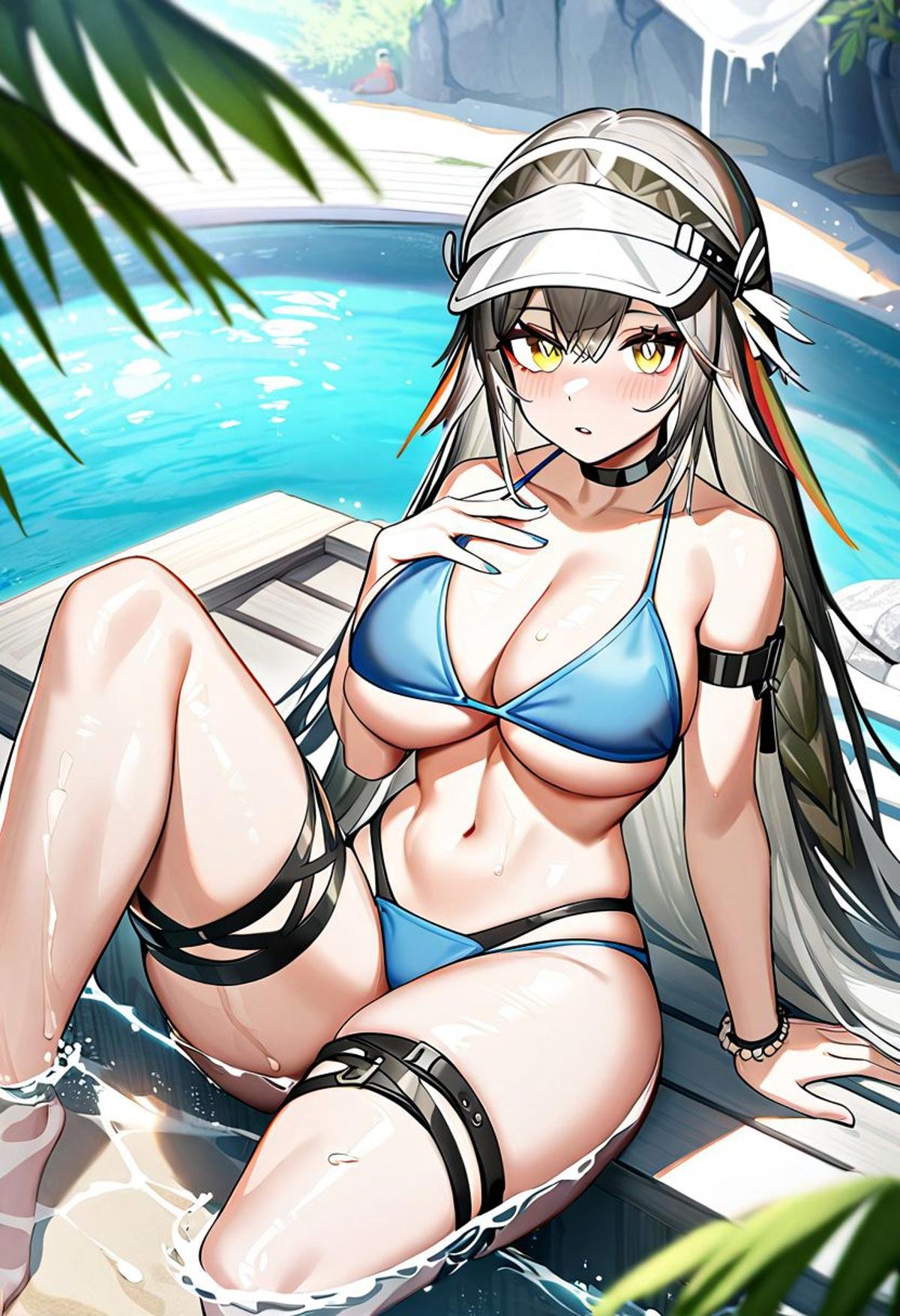 1girl, fartooth \(arknights\), arknights,  very long hair, thigh strap, feet out of frame, bikini, animal, alternate costume, bare arms, white headwear, blue bikini, bare shoulders, looking at viewer, breasts, hand on own chest, owl, yellow eyes, long hair, blush, arm strap, sitting, swimsuit, thighs, grey hair, bird, water, collarbone, stomach, choker, large breasts, navel, parted lips, underboob, outdoors, visor cap, black choker, day, solo, soaking feet, cleavage, hair between eyes, very aesthetic, masterpiece, best quality, absurdres, sensitive