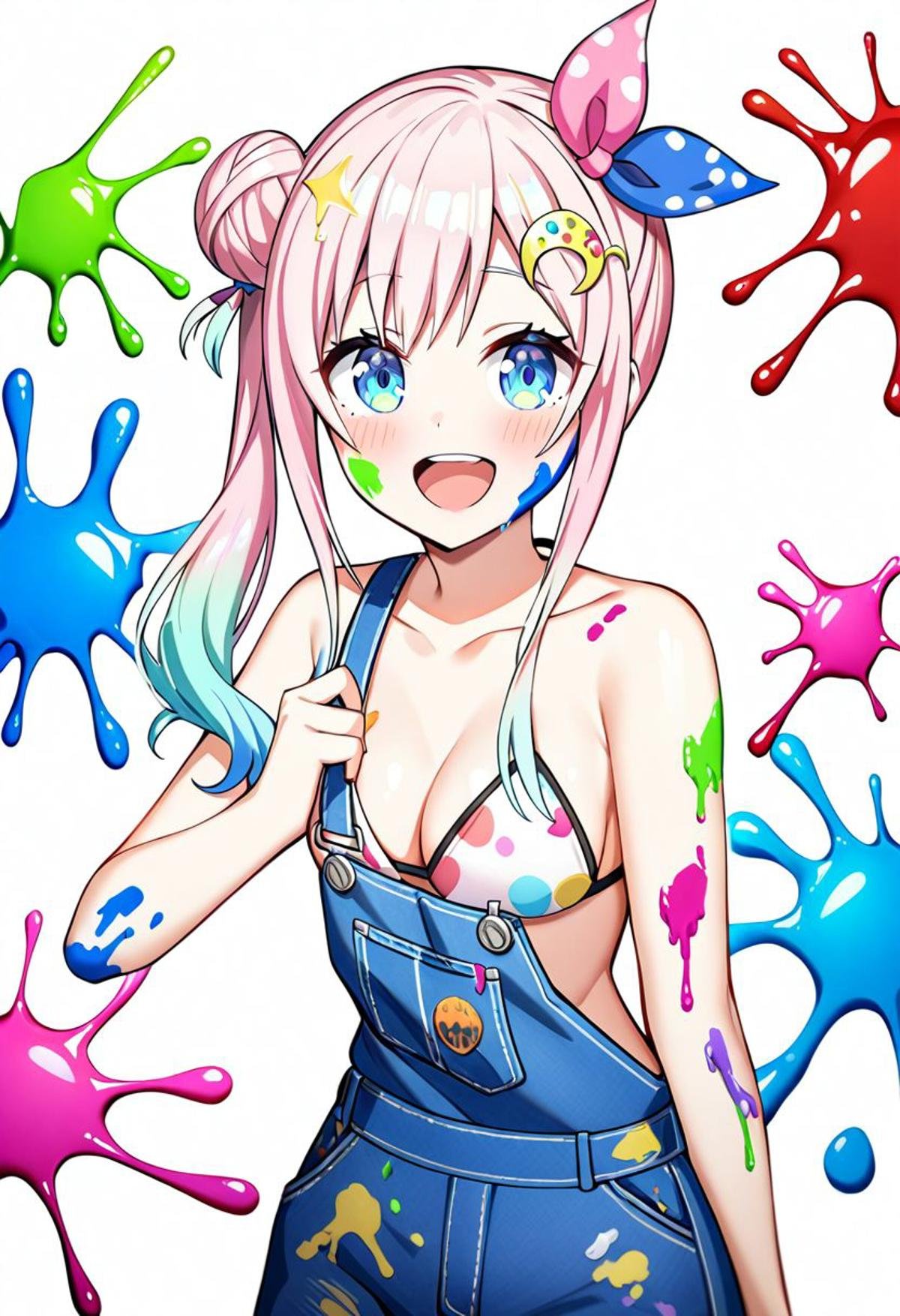 1girl, airani iofifteen \(1st costume\), hololive,  white background, medium breasts, :d, pink bow, bare shoulders, blue ribbon, looking at viewer, paint on clothes, breasts, hair bun, blue hair, single side bun, gradient hair, palette print, long hair, overalls, paint splatter, blush, blue eyes, smile, hair ornament, palette hair ornament, paint on body, virtual youtuber, paint in hair, open mouth, collarbone, hair ribbon, ribbon, hair bow, paint splatter on face, paint, bow, pink hair, solo, paint in bikini, side ponytail, cleavage, multicolored hair, very aesthetic, masterpiece, best quality, absurdres, sensitive