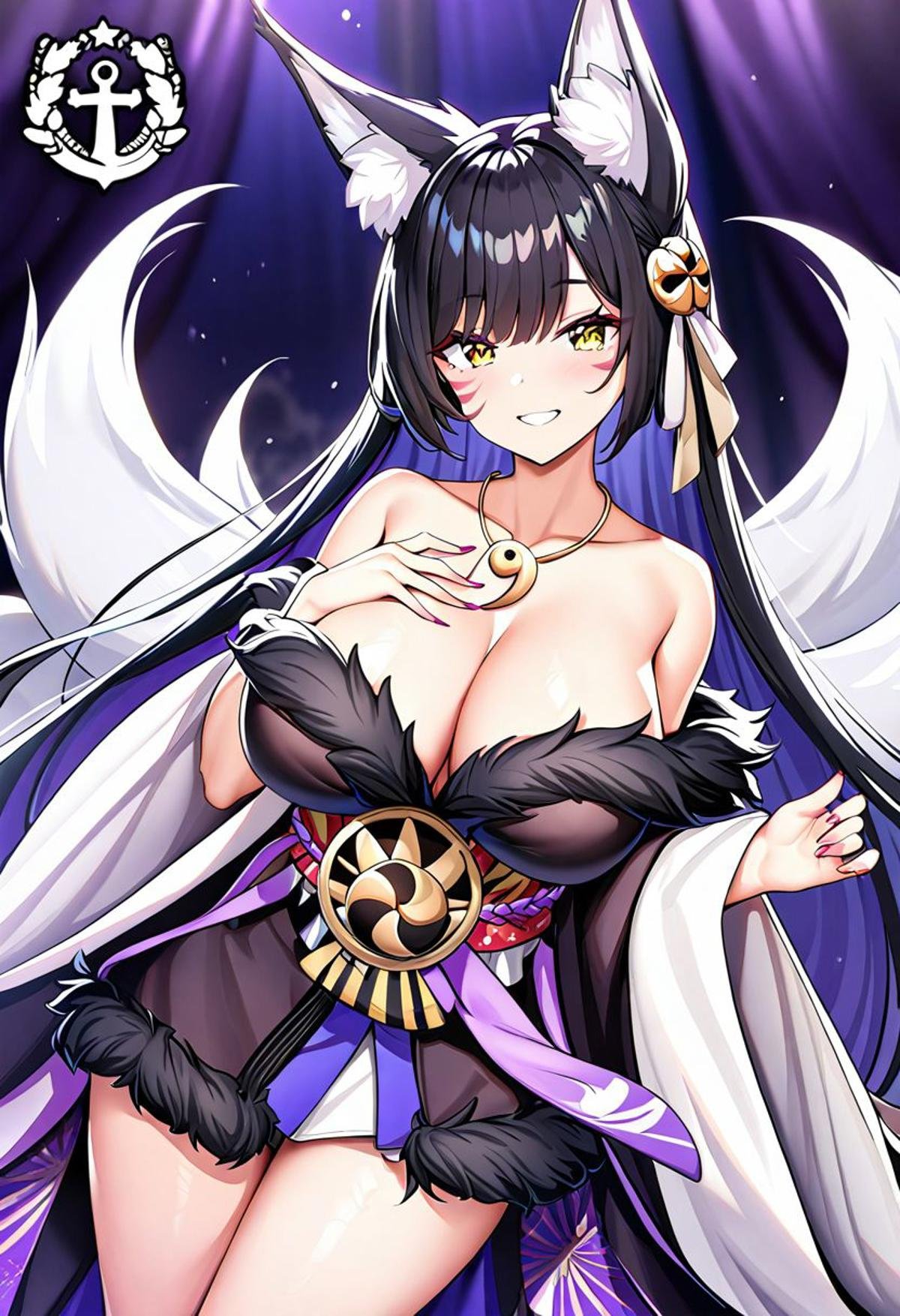 1girl, musashi \(azur lane\), azur lane,  facial mark, very long hair, obi, cowboy shot, grin, sash, bare shoulders, animal ear fluff, fur-trimmed kimono, looking at viewer, breasts, wide sleeves, multiple tails, magatama necklace, black kimono, yellow eyes, fox tail, long hair, kimono, fox girl, smile, long sleeves, fur trim, thighs, jewelry, short kimono, collarbone, necklace, japanese clothes, animal ears, large breasts, tail, fox ears, off shoulder, black hair, solo, kitsune, cleavage, magatama, very aesthetic, masterpiece, best quality, absurdres, sensitive