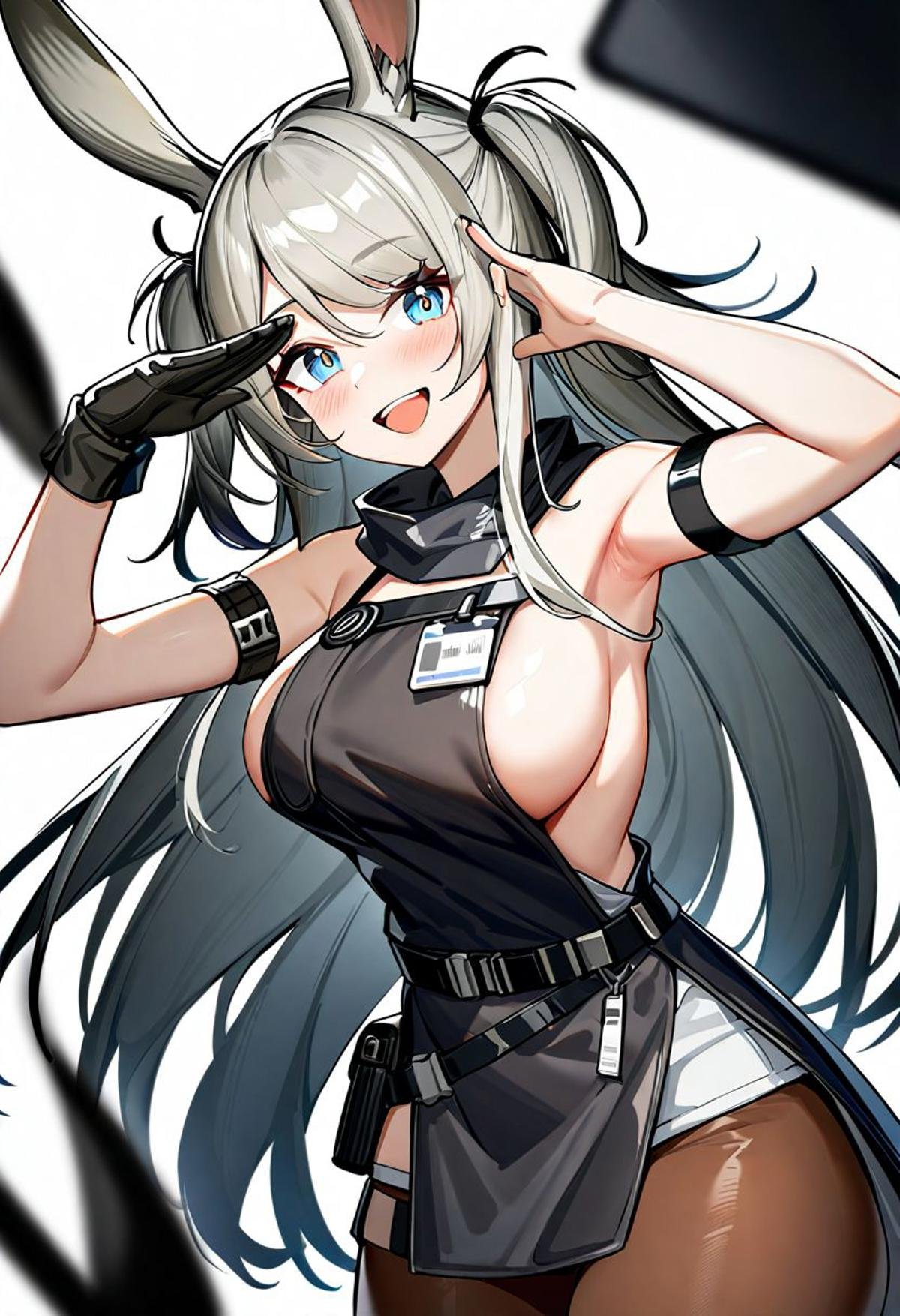 1girl, savage \(arknights\), arknights,  gloves, upper body, salute, very long hair, sleeveless, white background, belt, bare arms, two side up, :d, brown pantyhose, sleeveless shirt, bare shoulders, looking at viewer, breasts, long hair, shirt, black belt, simple background, blush, blue eyes, smile, arm strap, armpits, belt pouch, white shirt, grey hair, black gloves, holding, open mouth, arm up, rabbit ears, sideless outfit, animal ears, sideboob, large breasts, pantyhose, id card, solo, hand up, pouch, very aesthetic, masterpiece, best quality, absurdres, sensitive