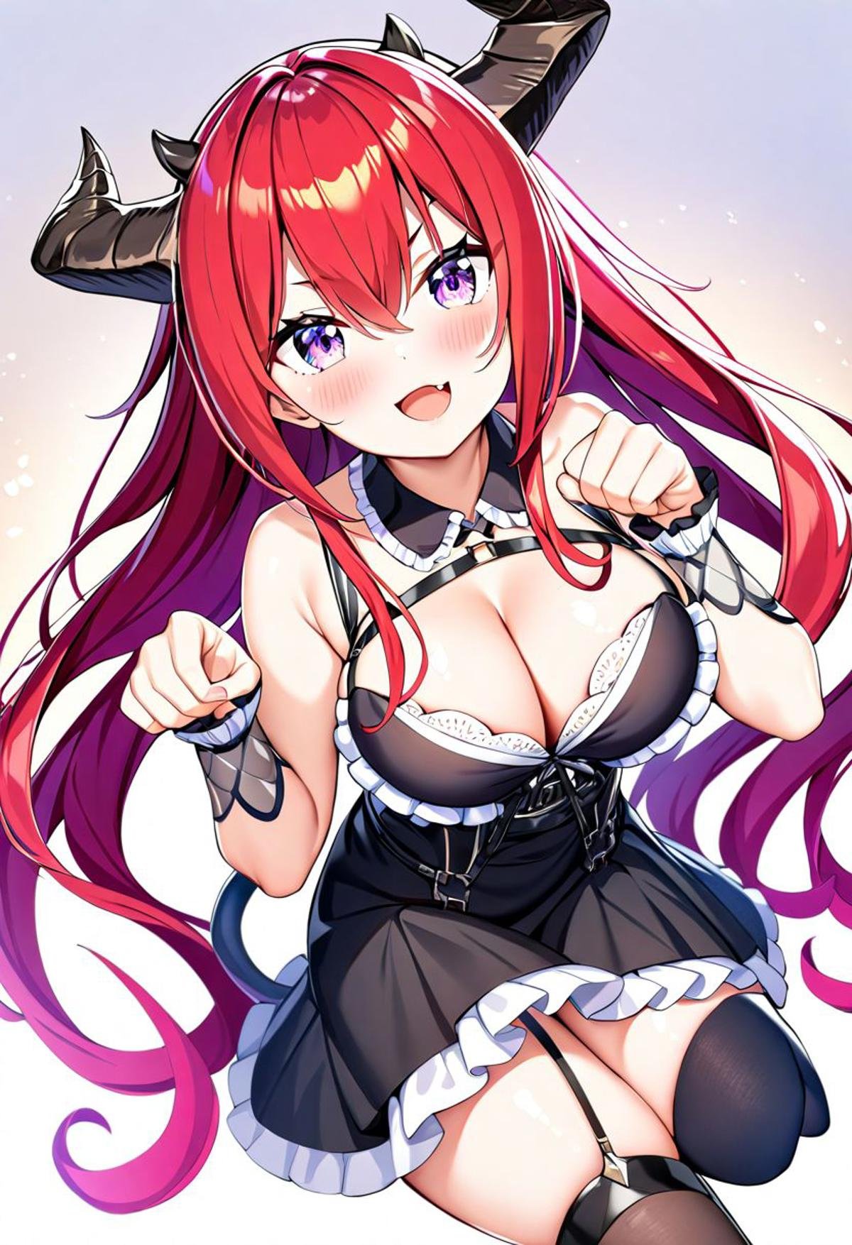 1girl,    zettai ryouiki, very long hair, frills, white background, sleeveless, purple eyes, thigh strap, black thighhighs, frilled dress, black ribbon, paw pose, detached collar, looking at viewer, dress, horns, black dress, breasts, leaning forward, sleeveless dress, thighhighs, arm support, long hair, red hair, black horns, blush, smile, fang, short dress, demon horns, detached sleeves, collarbone, open mouth, chest strap, ribbon, large breasts, solo, hand up, cleavage, hair between eyes, very aesthetic, masterpiece, best quality, absurdres, sensitive