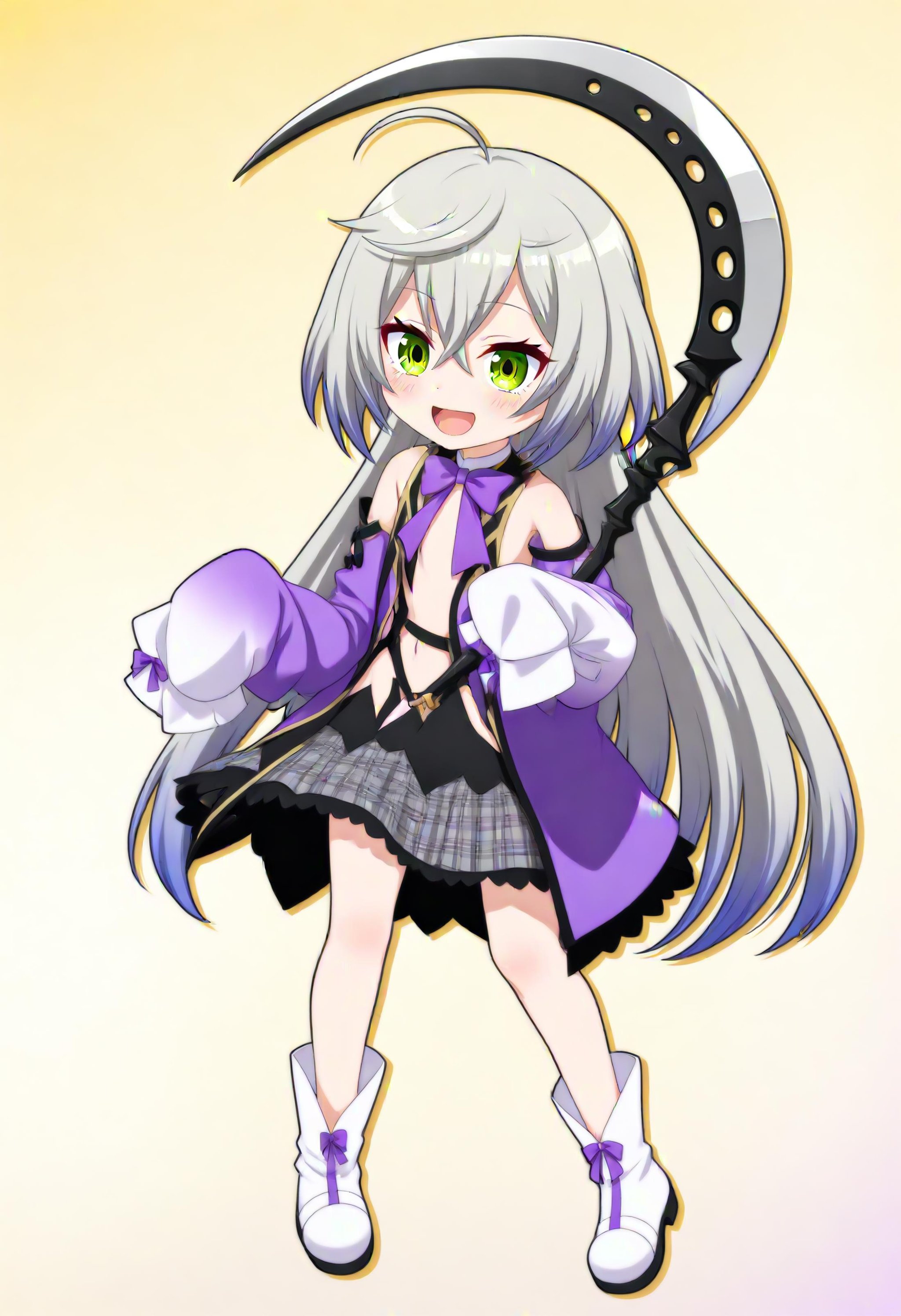 1girl, shisui kiki \(1st costume\), nanashi inc.,  grey skirt, short dress, dress, purple bow, plaid skirt, open book, zettai ryouiki, open clothes, smile, purple sleeves, yellow background, virtual youtuber, plaid, gradient background, holding scythe, open mouth, book, grey hair, floating hair, scythe, ahoge, white sleeves, long hair, purple bowtie, solo, bow, open dress, very long hair, black dress, white footwear, multicolored sleeves, miniskirt, sidelocks, boots, blush, hair between eyes, flat chest, skirt, bowtie, sleeves past fingers, chibi, holding, sleeves past wrists, masterpiece, best quality, newest, absurdres, safe