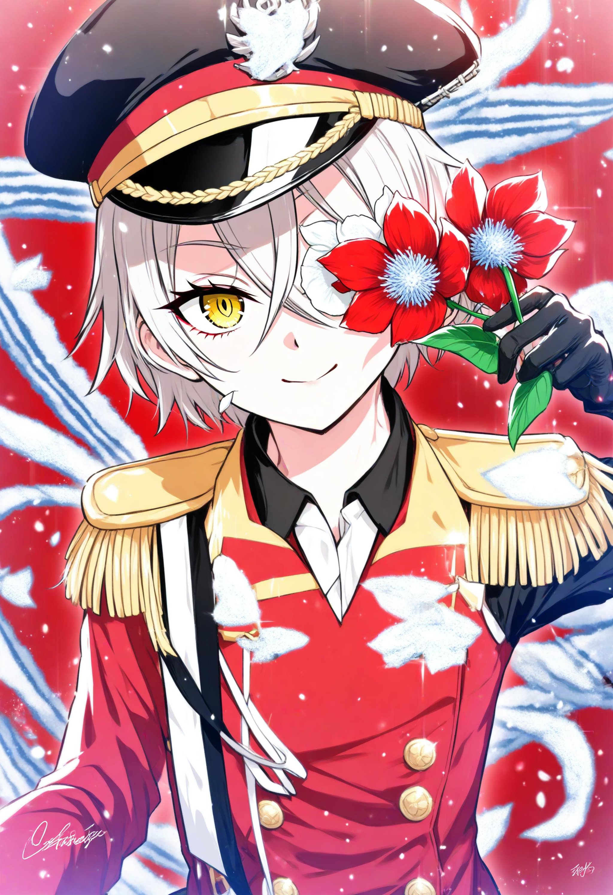 1girl, kinu \(azur lane\), azur lane,  military, outstretched arm, full armor, holding, buttons, gloves, peaked cap, military uniform, epaulettes, long sleeves, flower over eye, shirt, hat, flower, horns, armor, holding flower, red flower, shoulder armor, uniform, looking at viewer, short hair, red theme, collared shirt, yellow eyes, upper body, solo, spot color, closed mouth, sidelocks, smile, selfie, short sleeves, signature, strap, masterpiece, best quality, newest, absurdres, safe