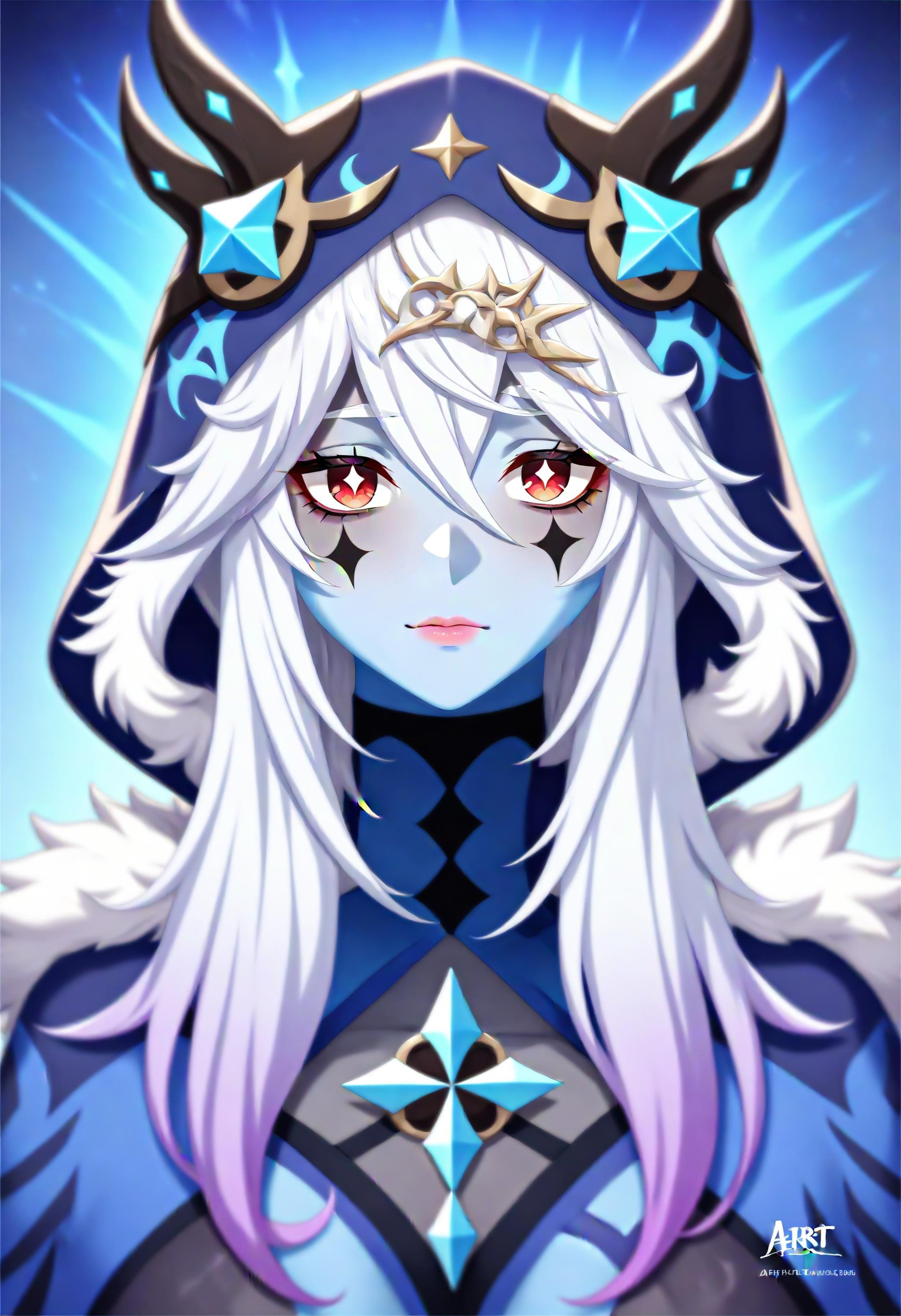 1girl, abyss mage \(genshin impact\), genshin impact,  artist name, gradient skin, looking at viewer, closed mouth, monster girl, grey skin, hair ornament, blue skin, multicolored skin, eye socket, humanization, pink lips, expressionless, hoodie, colored skin, blurry, fur trim, hood up, hood, solo, blurry foreground, straight-on, long hair, blue hoodie, blurry background, red eyes, fur-trimmed hood, upper body, white hair, signature, mask, bags under eyes, turtleneck, masterpiece, best quality, newest, absurdres, safe