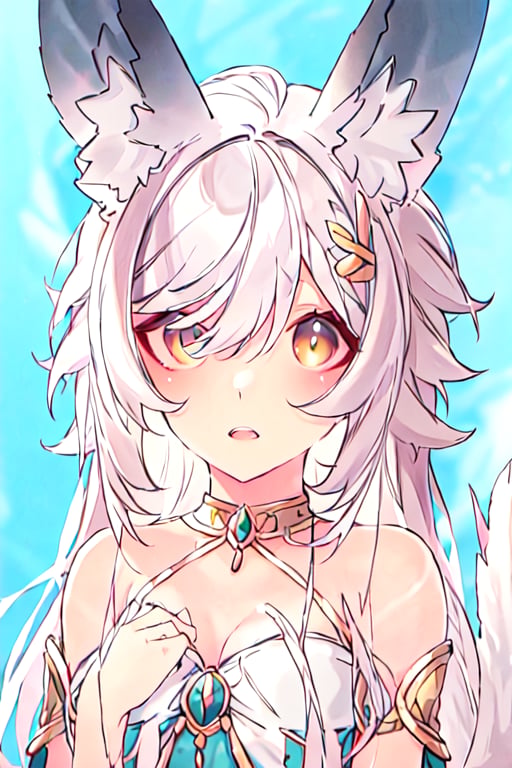 A young girl with white hair,  animal ears,  and a white fluffy tail by Rindan on Tensor.Art