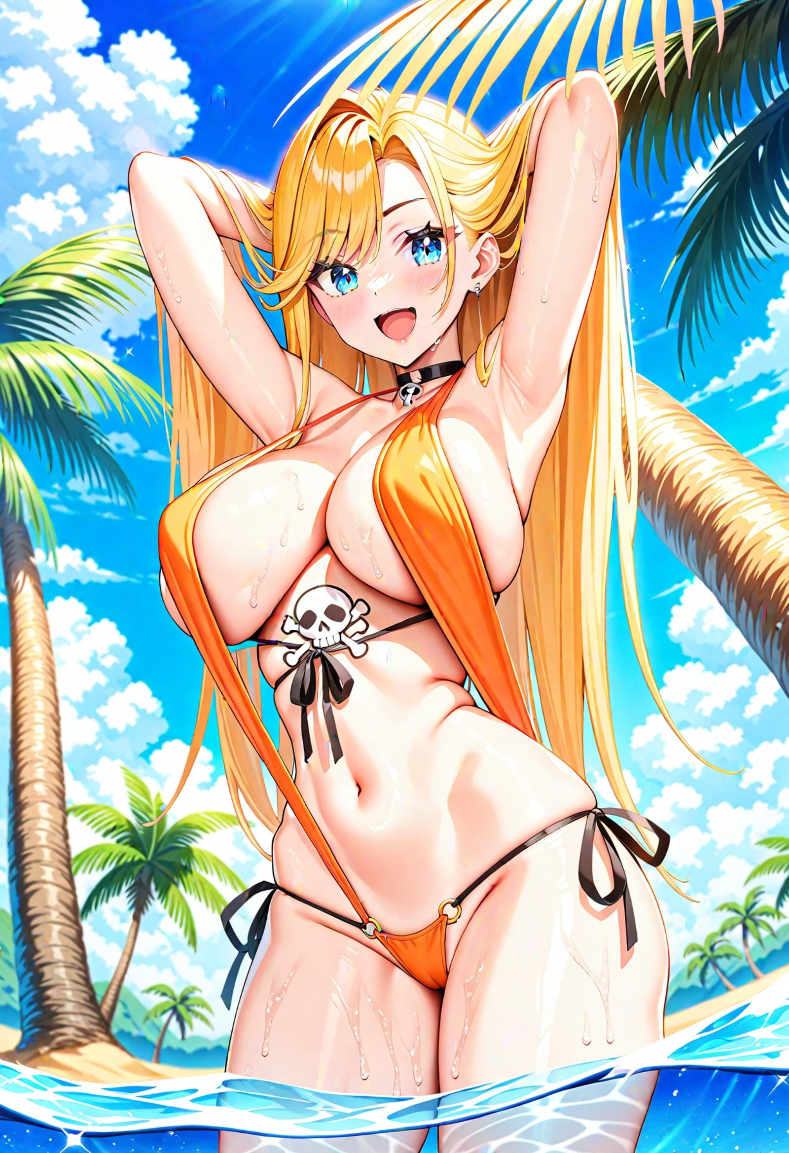 1girl,    slingshot swimsuit, choker, blue eyes, skindentation, armpits, skull and crossbones, breasts, cleavage, cloud, outdoors, wading, beach, navel, strap gap, swimsuit, large breasts, smile, open mouth, day, bikini, blonde hair, front-tie top, :d, hands in hair, sky, orange bikini, underboob, side-tie bikini bottom, very long hair, long hair, solo, water, jewelry, arms up, tree, bracelet, masterpiece, best quality, newest,  sensitive