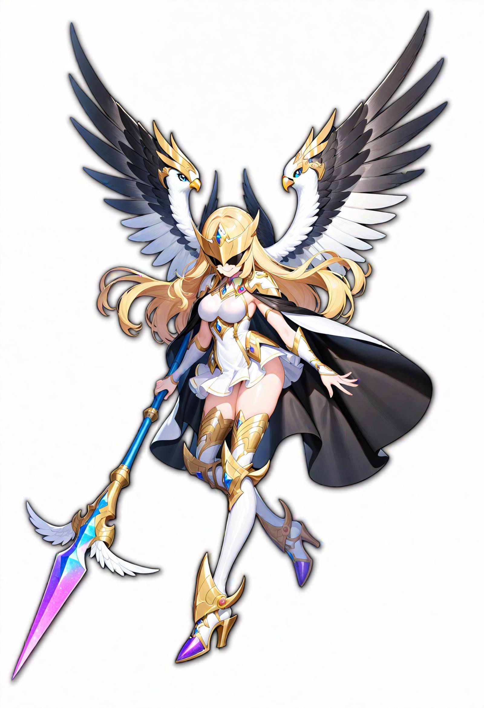 1girl,    boots, blonde hair, white wings, floating cape, high heel boots, solo, digimon \(creature\), black wings, full body, spear, mask, thigh boots, white background, covered eyes, bird wings, pointy footwear, thighhighs, simple background, high heels, wings, polearm, weapon, helmet, smile, zettai ryouiki, full armor, armor, looking at viewer, armored boots, long hair, bird, shoulder pads, masterpiece, best quality, newest,  safe